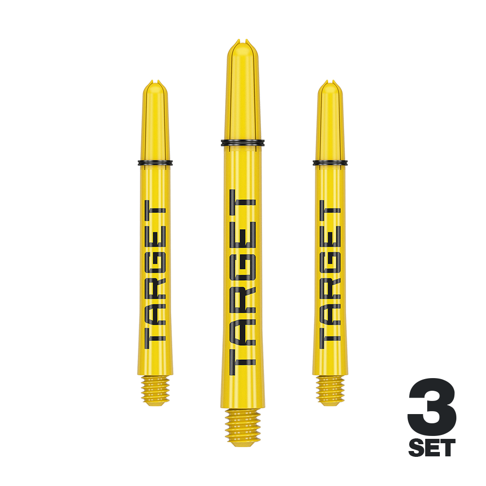 Auf dem Bild sind drei gelbe Dartschäfte der Marke Target zu sehen. Unten rechts steht "3 Set", was auf ein Set aus drei Teilen hinweist.