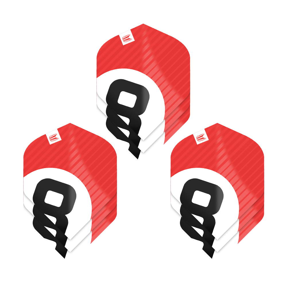 Das Bild zeigt drei Sätze der Target Pro Ultra Chicane Red No2 Standard Flights. Die Flights sind rot mit einem weißen Kreis und einer großen schwarzen Zahl in der Mitte gestaltet.