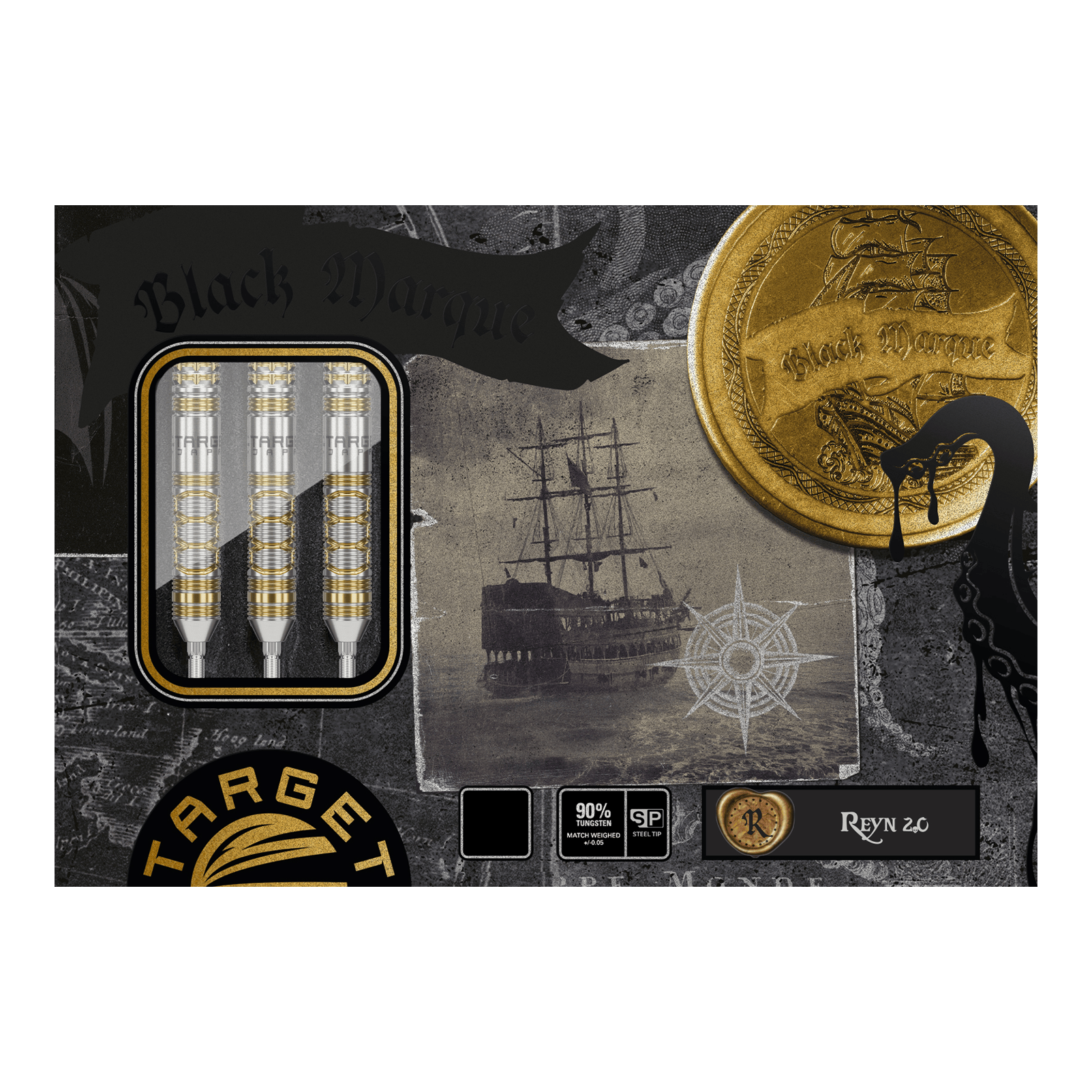 Target Japan Black Marque Reyn GEN2 steel darts Die Abbildung zeigt die "Target Japan Black Marque Reyn GEN2 Steeldarts" in einer ansprechend gestalteten Verpackung. Auf der Verpackung sind drei Darts, ein Segelschiff und goldene Münzen abgebildet.
