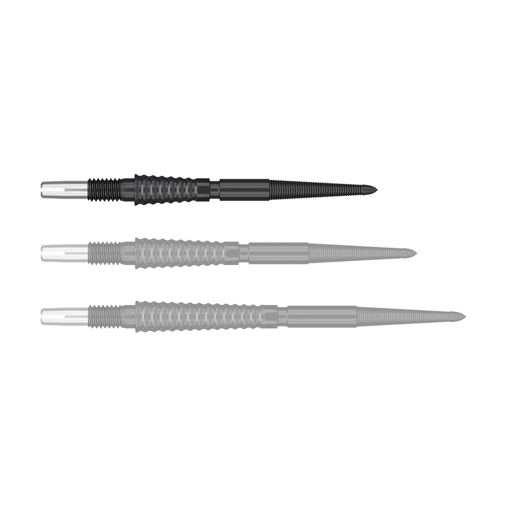 Target Swiss Storm LNC dart tips - Black Das Bild zeigt drei schwarze Dartspitzen, die nebeneinander liegen. Jede Spitze hat einen silbernen Schaft und eine geriffelte Griffzone.