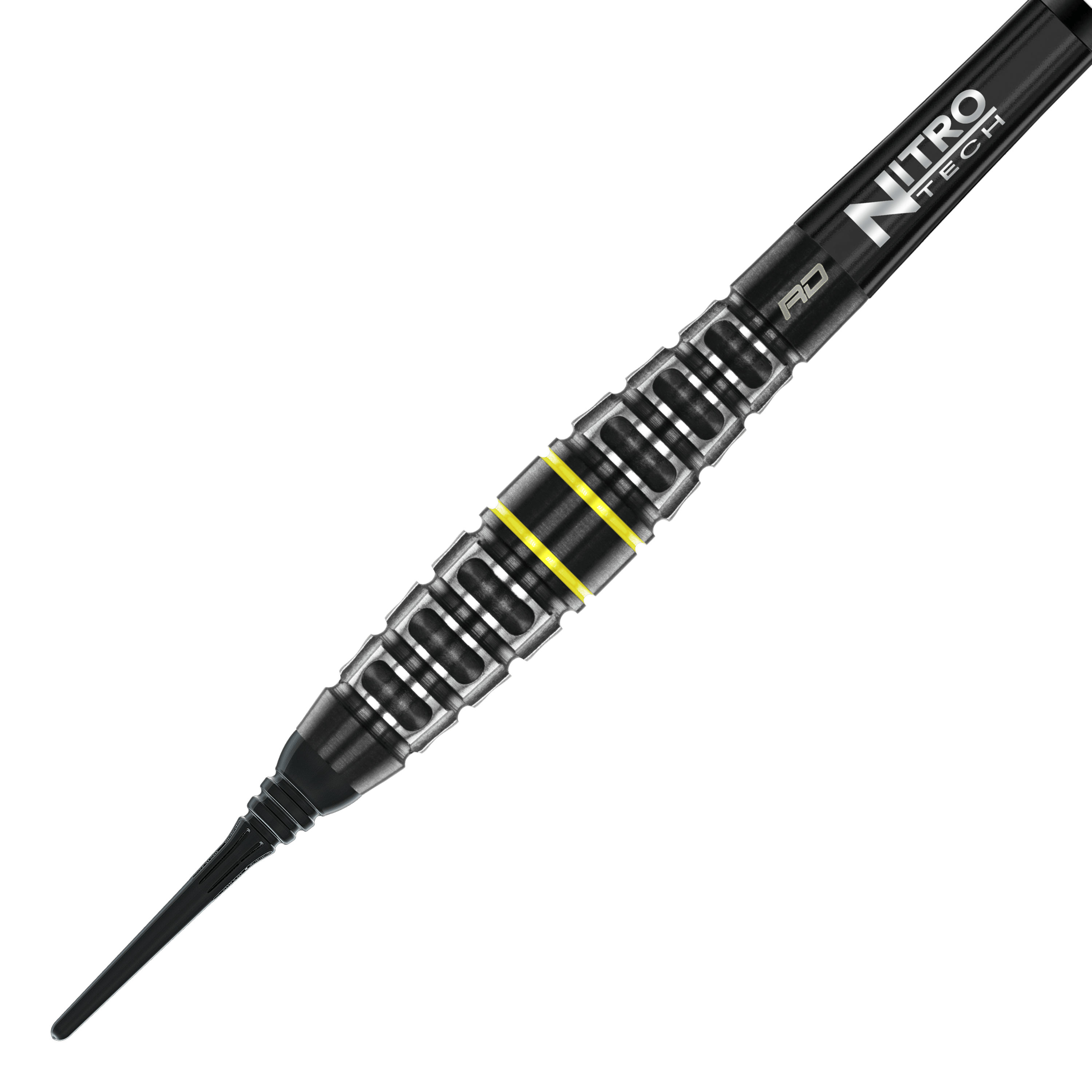 Red Dragon Astraeus Q4X Torpedo Soft Darts - 20g Auf dem Bild ist der Red Dragon Astraeus Q4X Torpedo Softdart mit 20g Gewicht zu sehen. Der Dart hat ein schwarzes Design mit silbernen und gelben Akzenten sowie der Aufschrift "Nitro Tech".