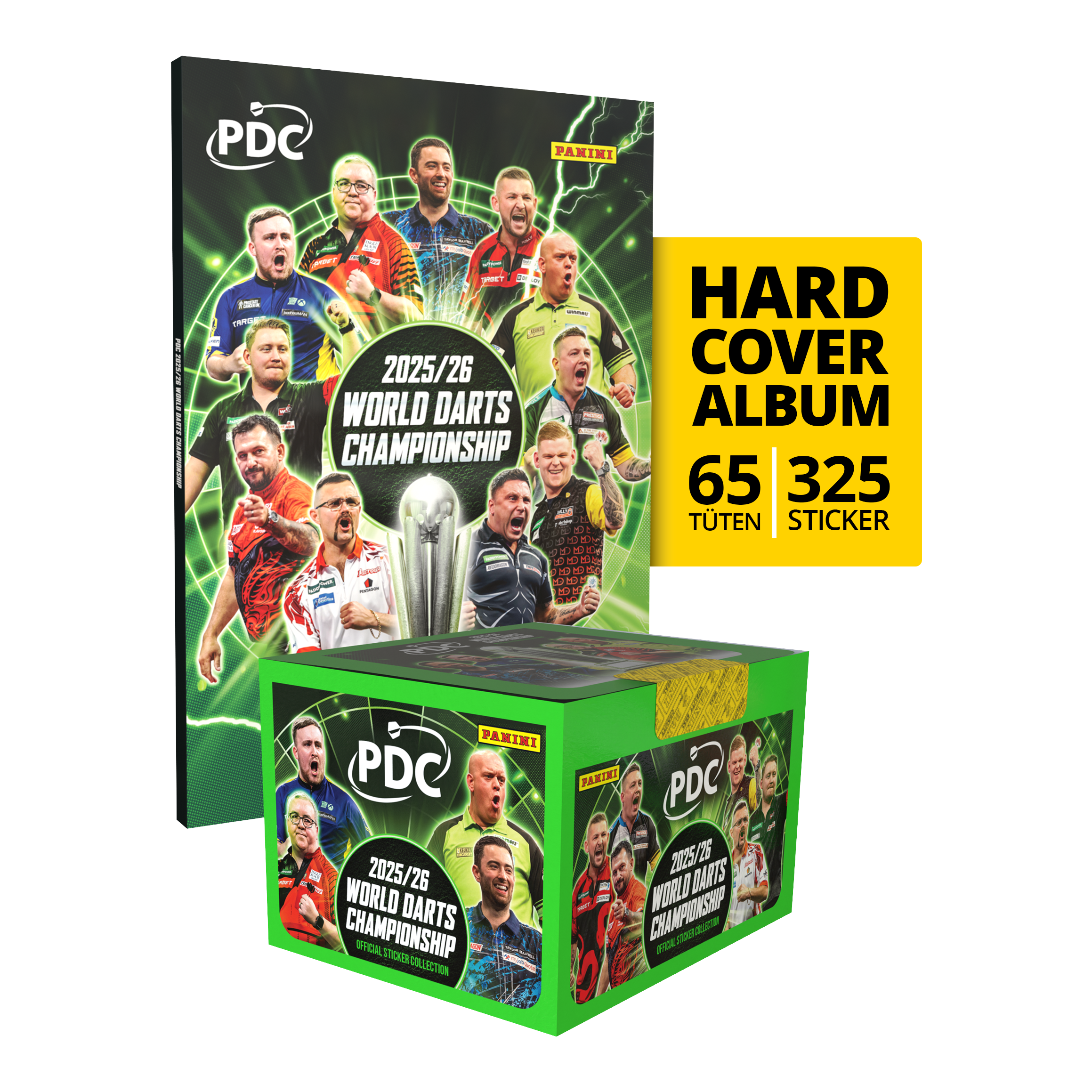 Panini PDC World Darts Championship 2025/26 - Hardcover Bundle with a sticker box Auf diesem Bild ist das Panini PDC World Darts Championship 2025/26 Hardcover Bundle mit einer Stickerbox zu sehen. Das Bundle enthält ein Hardcover-Sammelalbum und eine Box mit Stickern.