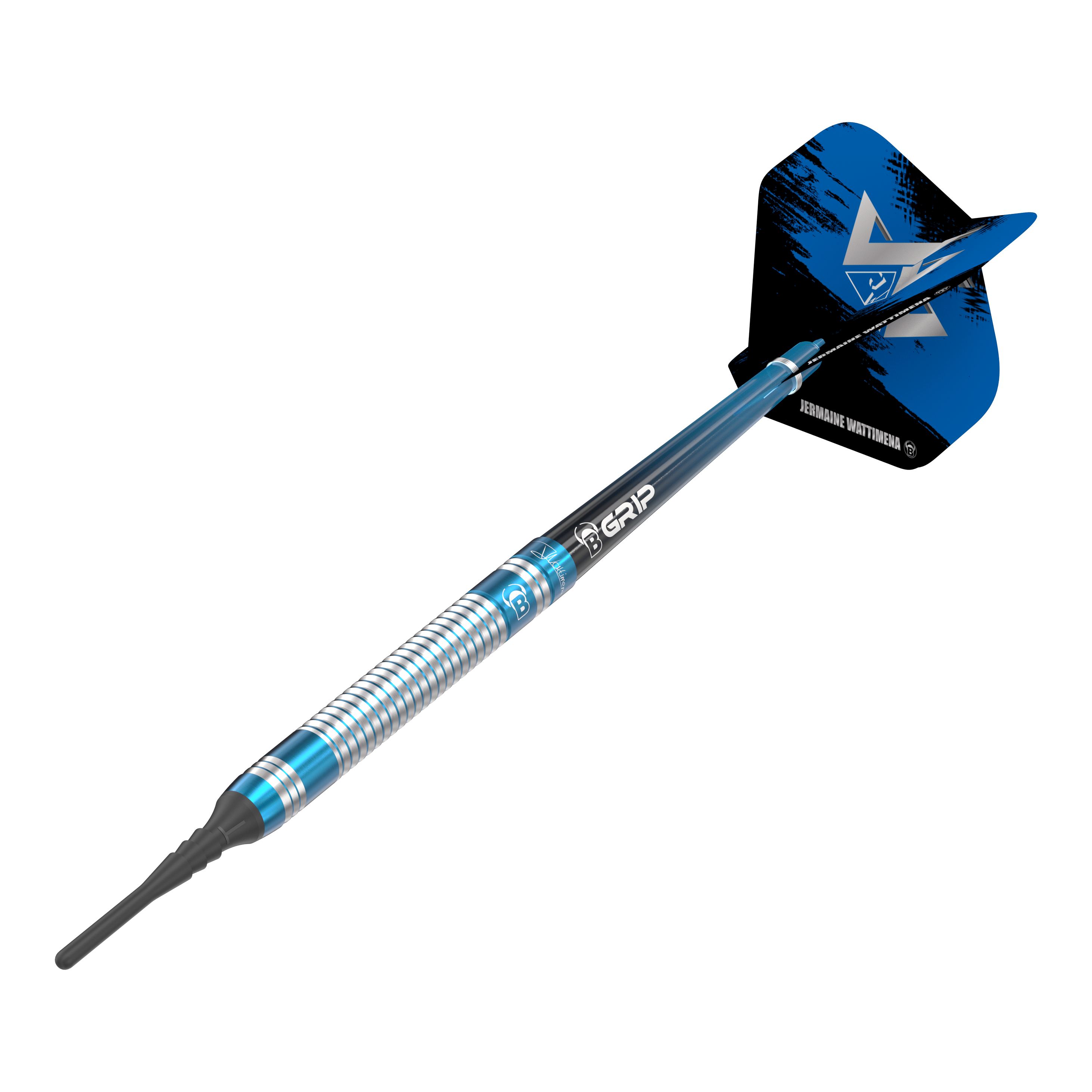 Bulls Jermaine Wattimena Generation 3 Soft Darts - 20g Das Bild zeigt einen Bulls Jermaine Wattimena Generation 3 Softdart mit einem Gewicht von 20g. Der Dart hat ein silbernes und blaues Design mit schwarzem Flight.