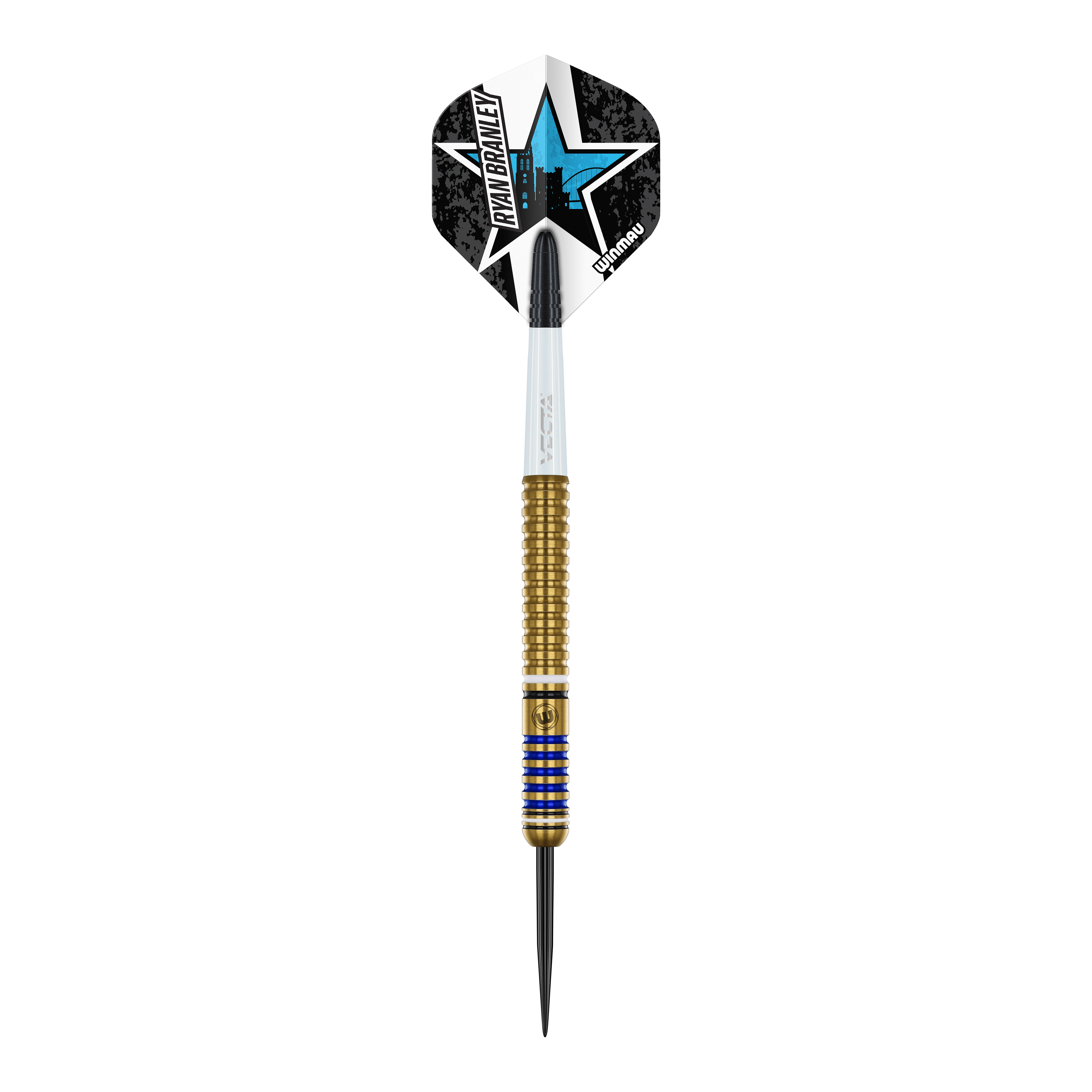 Winmau Ryan Branley Steel Darts - 23g Das Bild zeigt einen Winmau Ryan Branley Steeldart mit einem Gewicht von 23 Gramm. Der Dart hat ein goldfarbenes Griffstück und eine auffällige schwarze und weiße Flights mit einem blauen Sternmotiv.