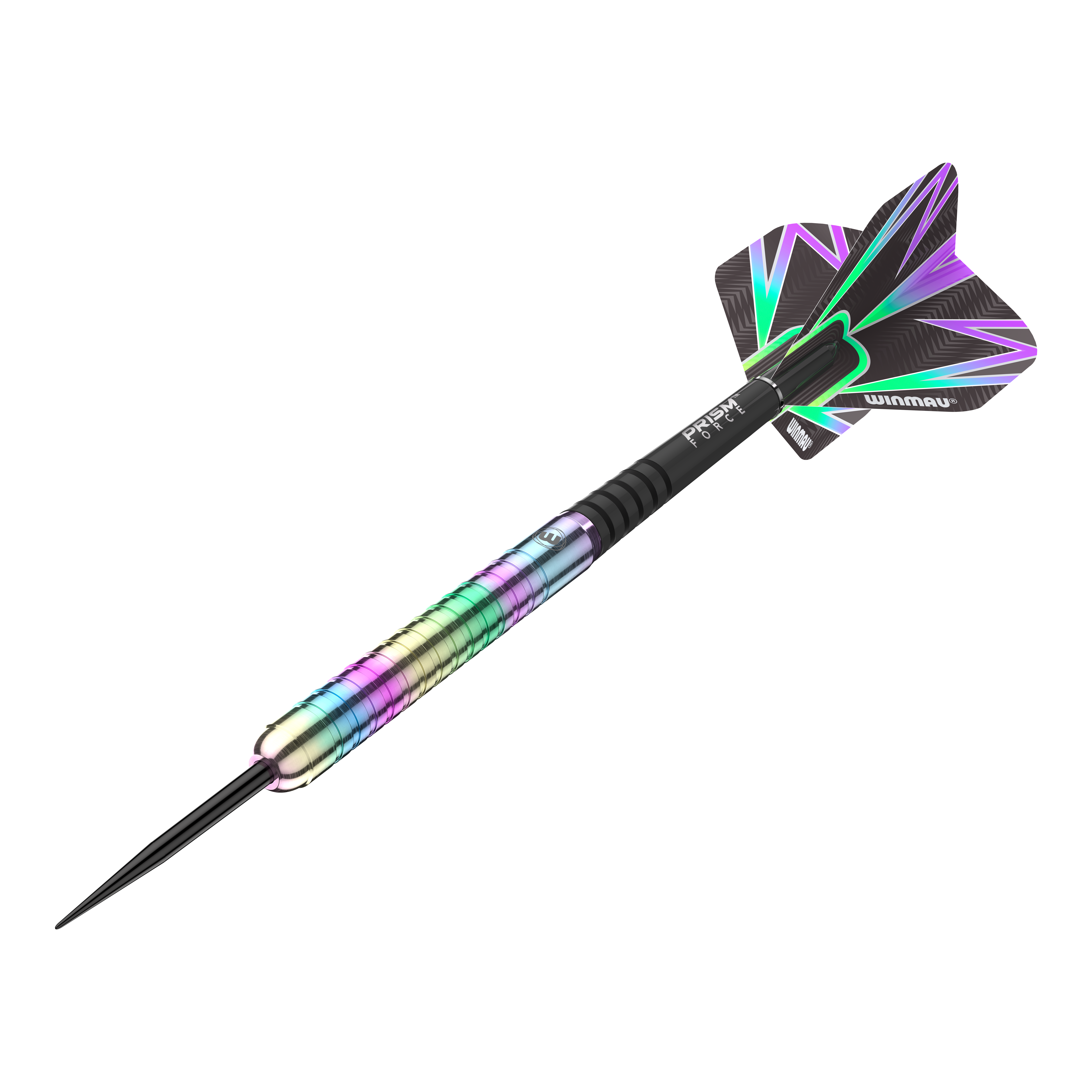 Winmau Foxfire Urban steel darts Das Bild zeigt einen Winmau Foxfire Urban Steeldart mit einem bunten, metallischen Schaft. Die Flights sind schwarz mit auffälligen, farbigen Mustern.