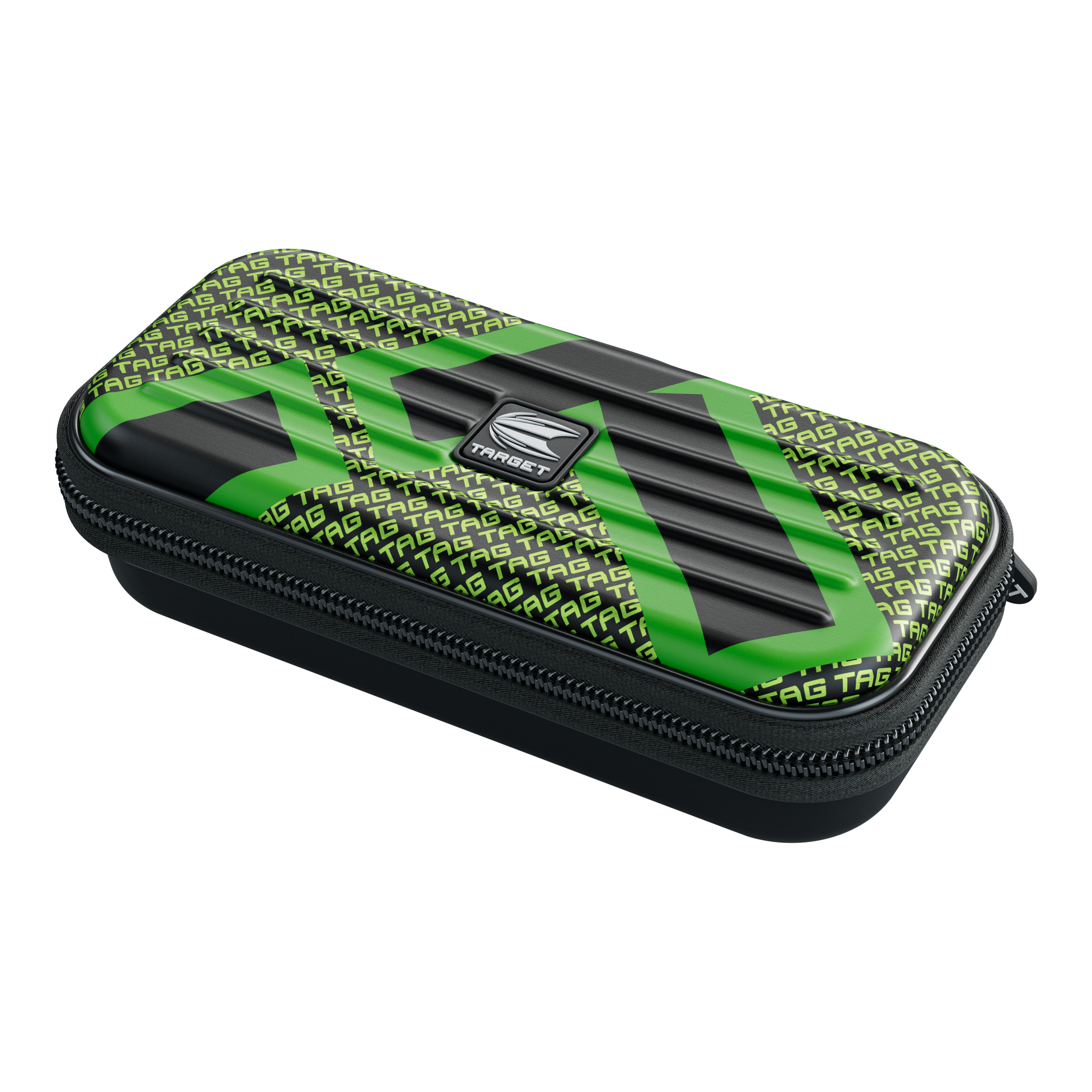 Das Bild zeigt ein rechteckiges Etui mit Reißverschluss, das vorwiegend schwarz und grün ist. Auf dem Etui steht mehrfach das Wort "TAG" und in der Mitte befindet sich ein silbernes "TARGET"-Logo.