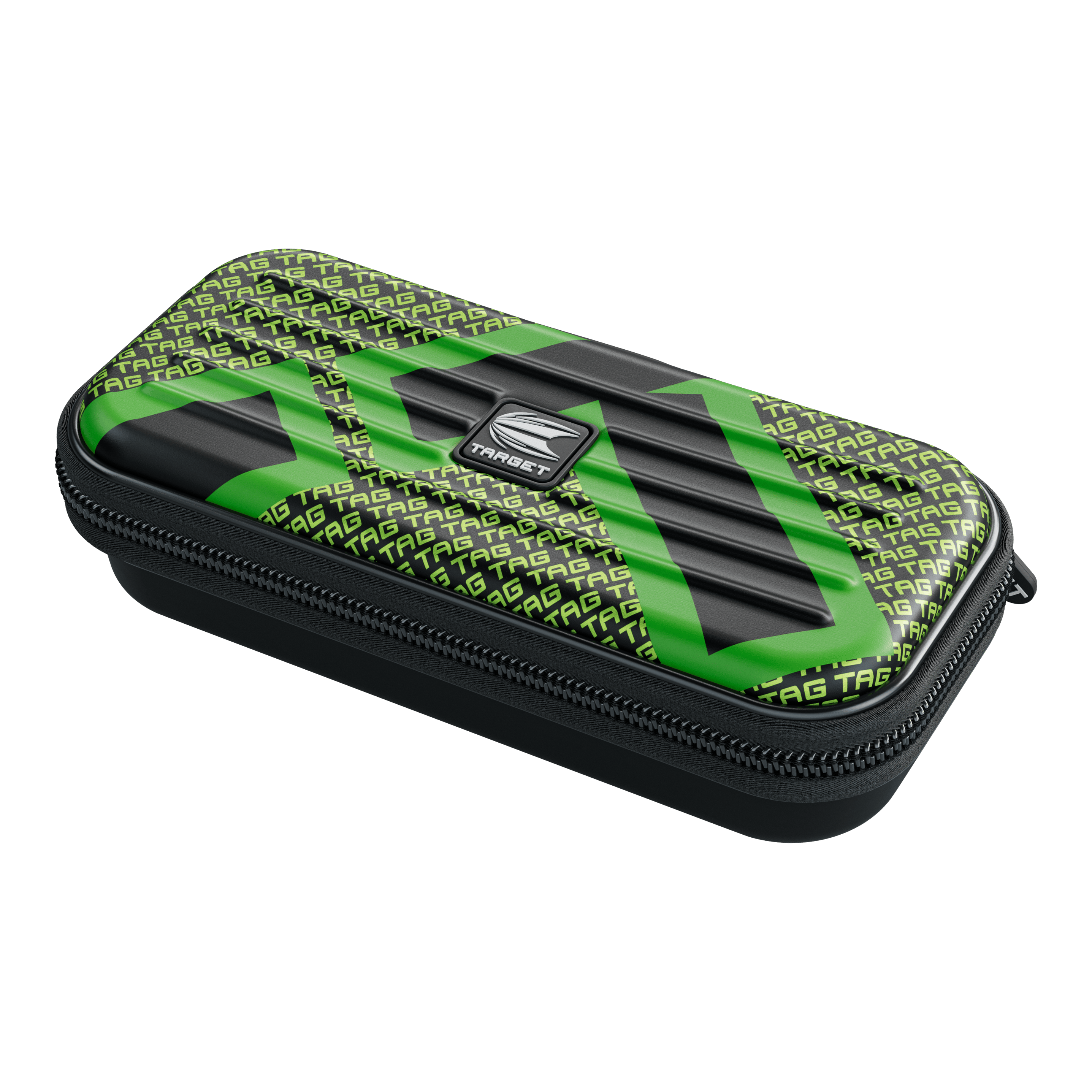 Target Takoma TAG Dartcase Das Bild zeigt ein rechteckiges Etui mit Reißverschluss, das vorwiegend schwarz und grün ist. Auf dem Etui steht mehrfach das Wort "TAG" und in der Mitte befindet sich ein silbernes "TARGET"-Logo.