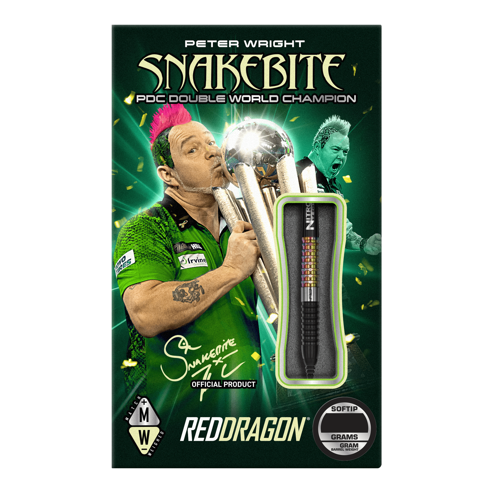 Red Dragon Peter Wright Corra Soft Darts - 18g Auf der Verpackung ist der Dartspieler Peter Wright mit einer Trophäe abgebildet. Das Produkt sind die "Red Dragon Peter Wright Corra Softdarts - 18g" mit Softspitze.