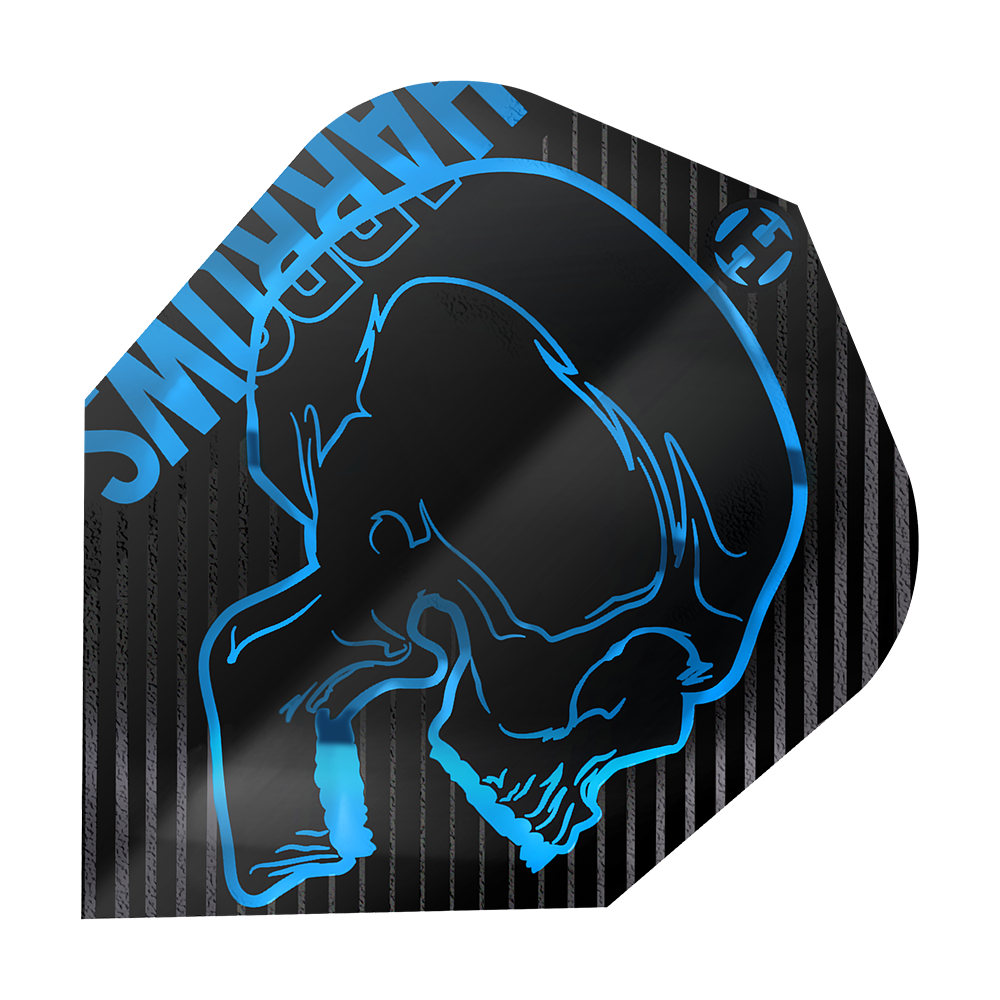 Harrows Rage Aqua No. 6 Flights Das Bild zeigt ein Dartflight mit dem Namen "Harrows Rage Aqua No6 Flights". Auf dem schwarzen Flight ist ein blauer Totenkopf und das HARROWS-Logo abgebildet.