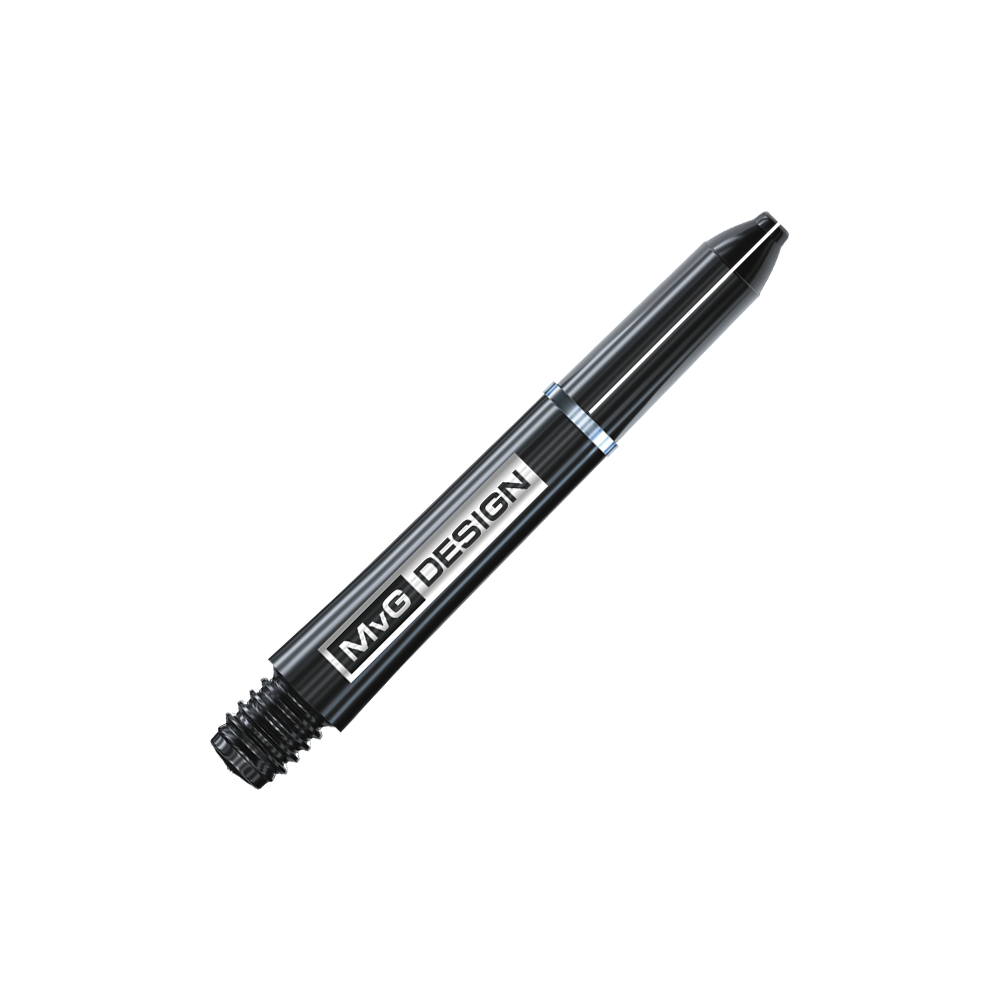7100_Winmau_MvG_Signature_Black_Nylon_Shafts_35mm_2 Das Bild zeigt einen schwarzen Dart-Schaft mit der Aufschrift "MvG DESIGN". Es handelt sich um den Winmau Nylon Ring Grip MvG Design Black Shaft.