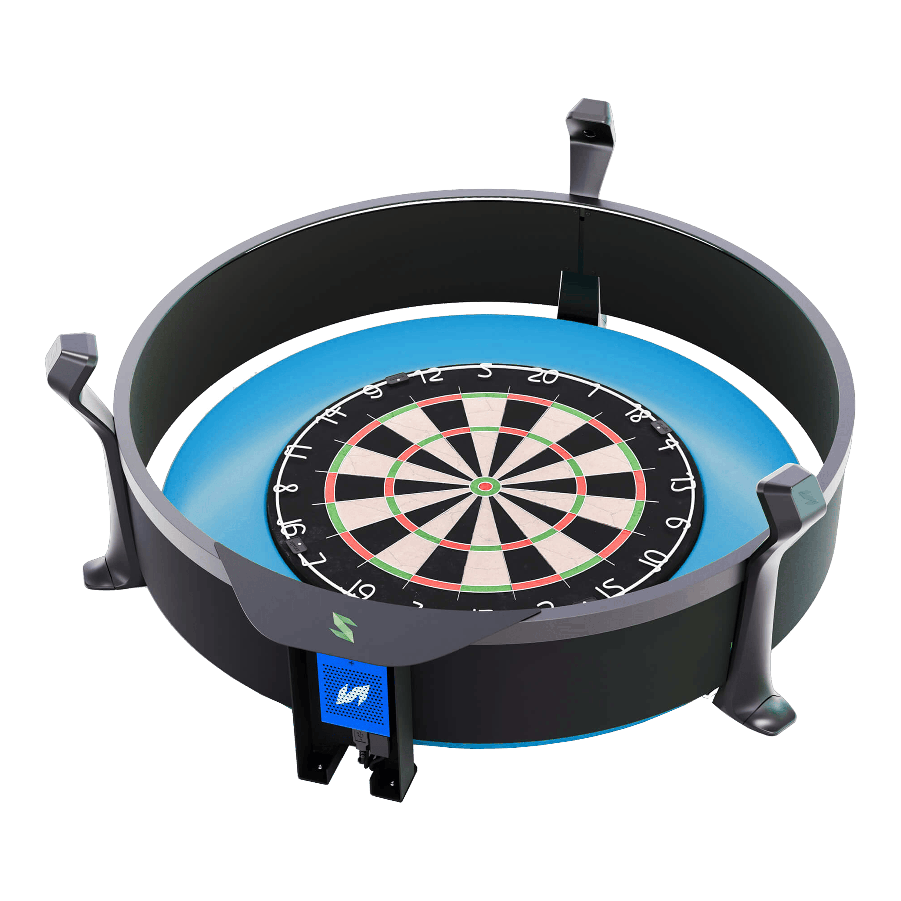 Das Bild zeigt das Produkt "Scolia Home 2 FLEX – Electronic Score System mit Beleuchtungsring". Es handelt sich um ein elektronisches Punktesystem für Dartboards mit integriertem LED-Leuchtring.