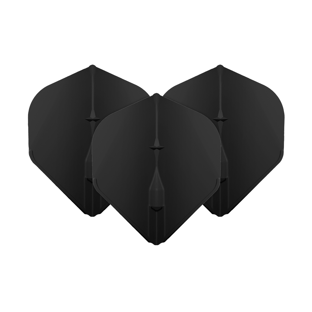 Das Bild zeigt drei schwarze L-Style Champagne L1EZ Standard Flights. Diese Flights sind für Dartpfeile geeignet und haben eine klassische Standardform.