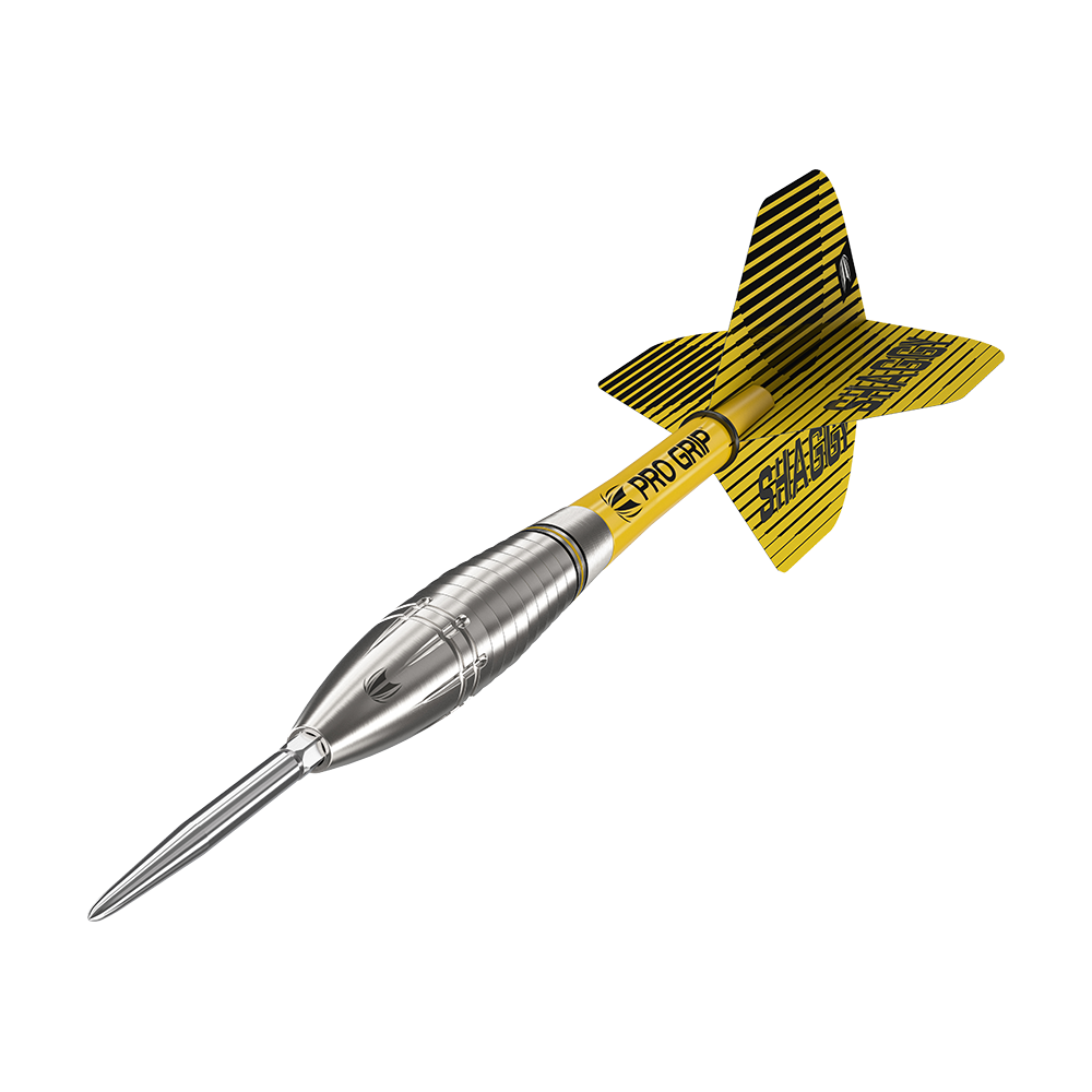 190222_Target_Scott_Williams_GEN1_Swiss_Point_Steeldarts_4 Dies ist ein Target Scott Williams GEN1 Swiss Point Steeldart. Der Dart hat eine silberne Spitze und einen gelb-schwarzen Schaft mit „PRO GRIP“-Aufschrift.