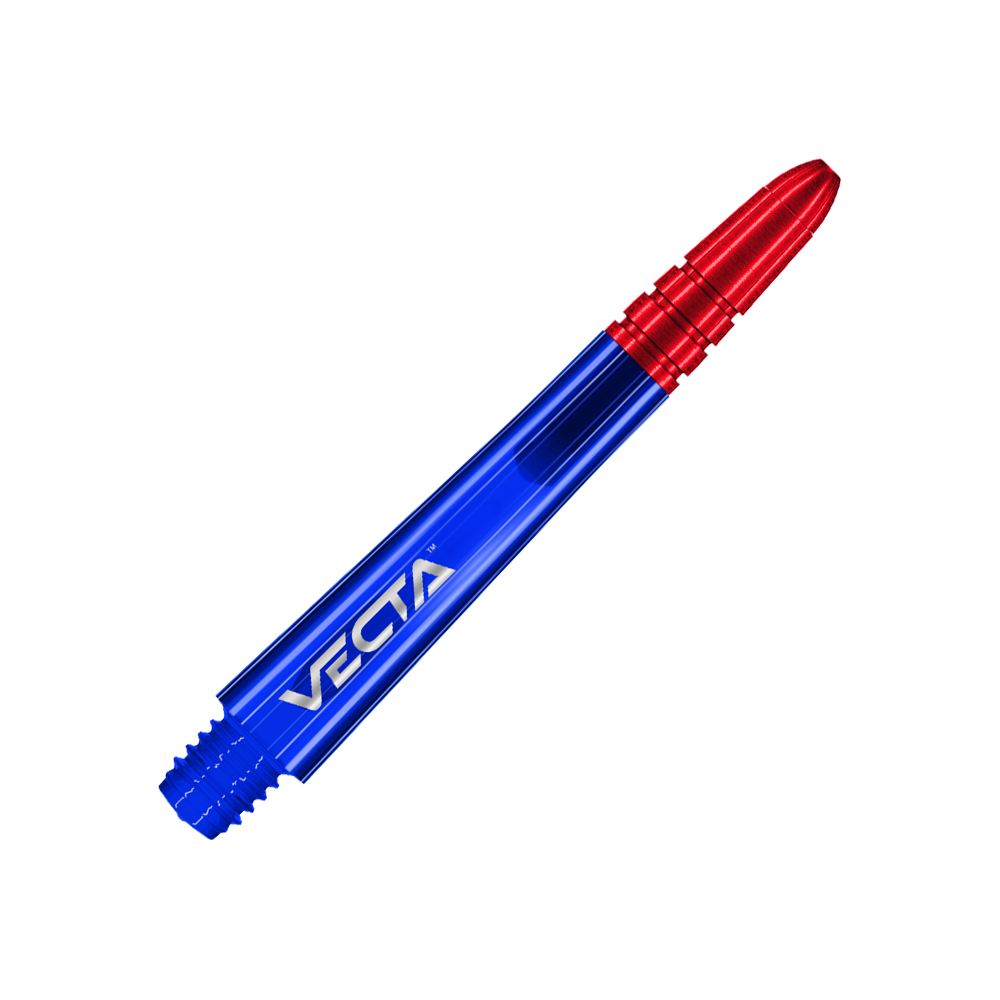 Winmau Vecta Shafts - Blue Red Das Bild zeigt einen Dart-Schaft in den Farben Blau und Rot. Auf dem blauen Teil steht das Wort "VECTA".