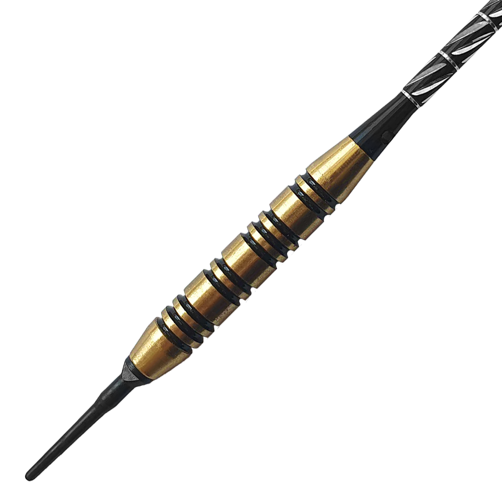 8006_Golden_Green_Softdarts_2 Das Bild zeigt einen Softdart mit einem goldenen und schwarzen Griff. Der Pfeil wiegt 18 Gramm und gehört zum Produkt „Golden Green Softdarts“.