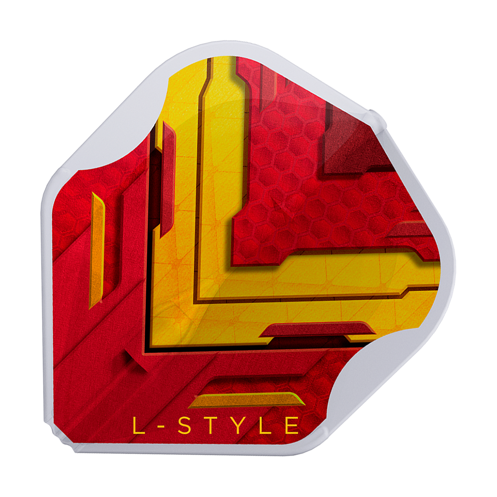 L-Style V-Series V1 Type A Spain Clear White L1EZ Flights Das Bild zeigt ein Dart-Flight mit einem Design in den Farben Rot und Gelb. Am unteren Rand steht in gelber Schrift "L-STYLE".