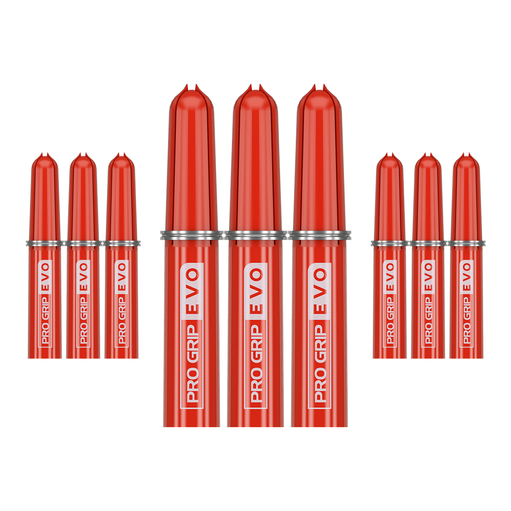 Das Bild zeigt neun rote Ersatztops des Produkts "Target Pro Grip EVO" im 9er Pack. Die Aufschrift "PRO GRIP EVO" ist deutlich auf jedem Top zu sehen.