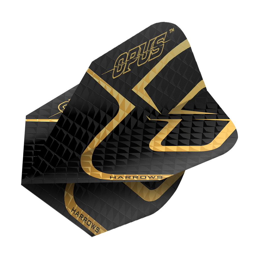 Harrow's Opus Version 2 Flights Das Bild zeigt das Produkt "Harrows Opus Version 2 Flights". Die Flights sind überwiegend schwarz mit goldenen Akzenten und Aufschrift.