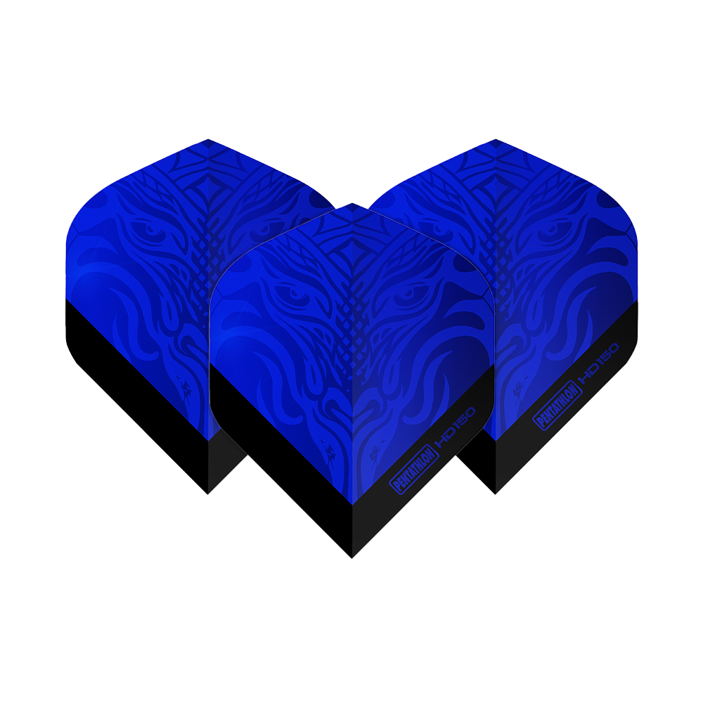Pentathlon HD150 Metallic Blue Standard Flights Das Bild zeigt drei blaue Dart-Flights mit einem metallischen Muster und der Aufschrift "Pentathlon HD150". Die Flights haben eine standardmäßige, robuste Form und glänzen in einem auffälligen Blau.