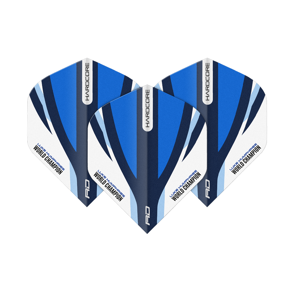 Das Bild zeigt drei Dartflights in Blau, Weiß und Schwarz mit der Aufschrift „HARDCORE“ und „Luke Humphries World Champion“. Es handelt sich um das Produkt „Red Dragon Hardcore Luke Humphries Blue White Standard Flights“.