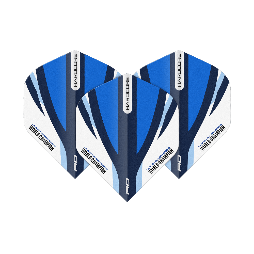 Red Dragon Hardcore Luke Humphries Blue White Standard Flights Das Bild zeigt drei Dartflights in Blau, Weiß und Schwarz mit der Aufschrift „HARDCORE“ und „Luke Humphries World Champion“. Es handelt sich um das Produkt „Red Dragon Hardcore Luke Humphries Blue White Standard Flights“.