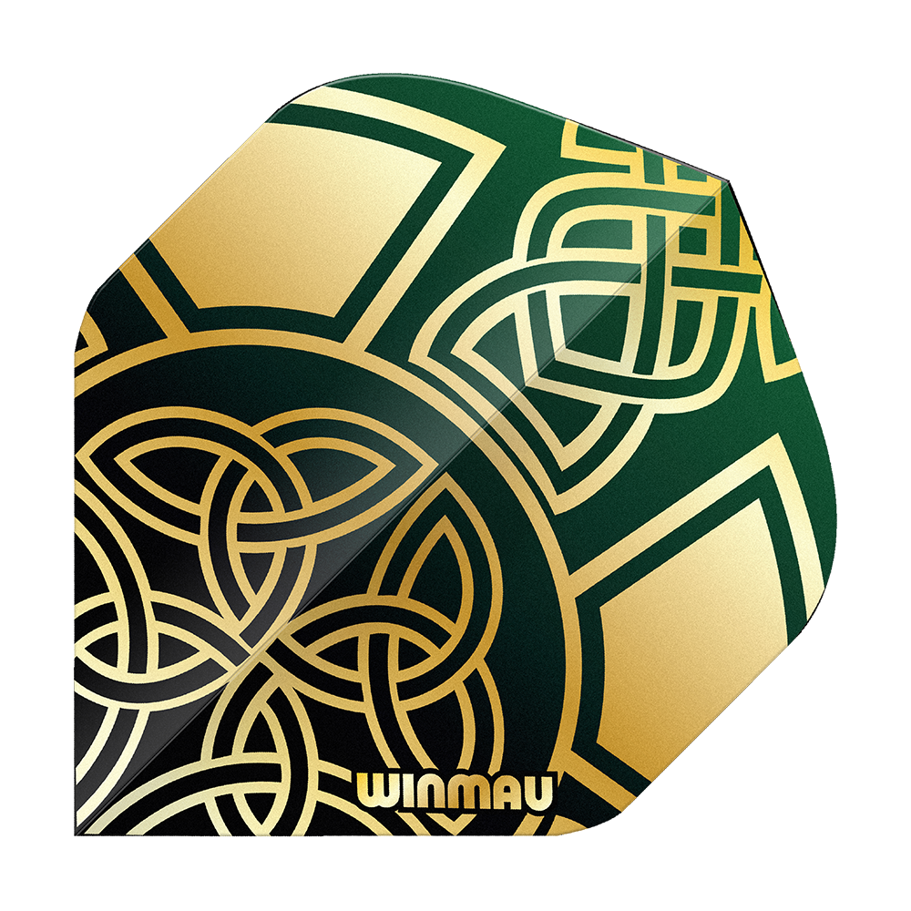 Abgebildet sind die Winmau Prism Delta Brendan Dolan Celtic Knot Black Gold No2 Standard Flights. Die Flights besitzen ein elegantes Muster in Schwarz und Gold.
