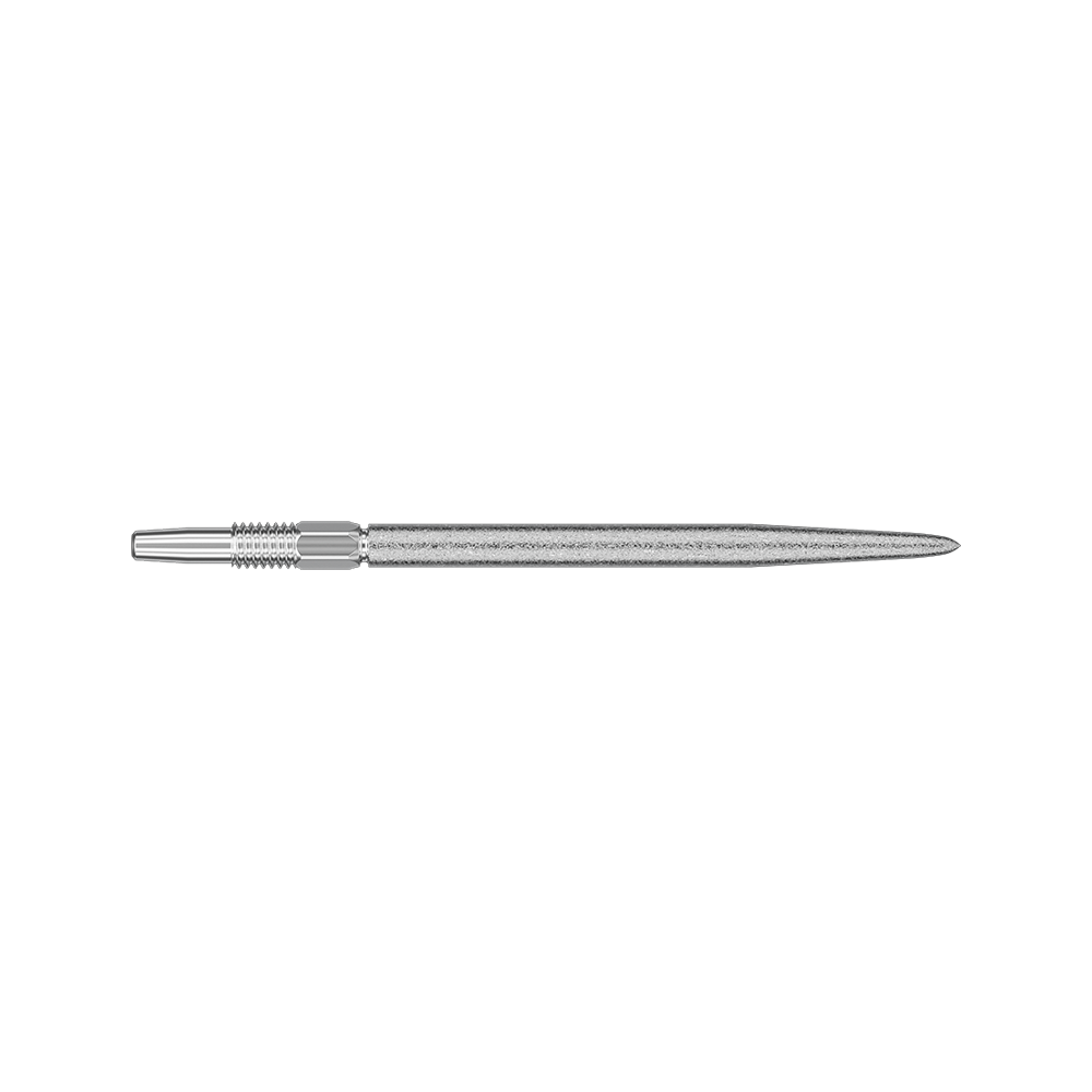 Target Swiss Point SLK dart tips - silver Das Bild zeigt eine silberne Dartspitze in seitlicher Ansicht. Die Spitze ist lang und dünn, mit einer strukturierten Oberfläche am hinteren Ende.