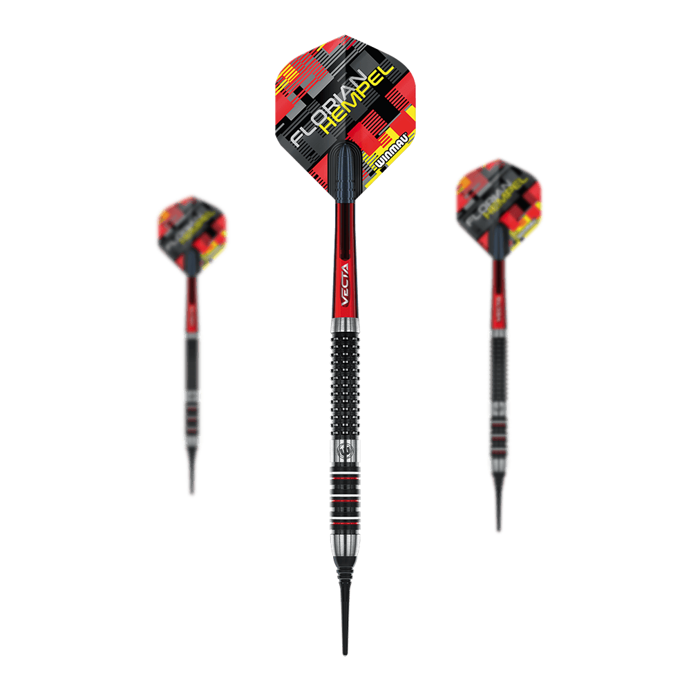 Winmau Florian Hempel soft darts - 21g Das Bild zeigt drei Winmau Florian Hempel Softdarts mit einem Gewicht von 21g. Die Darts haben rote, schwarze und silberne Details sowie ein auffälliges Flights-Design.