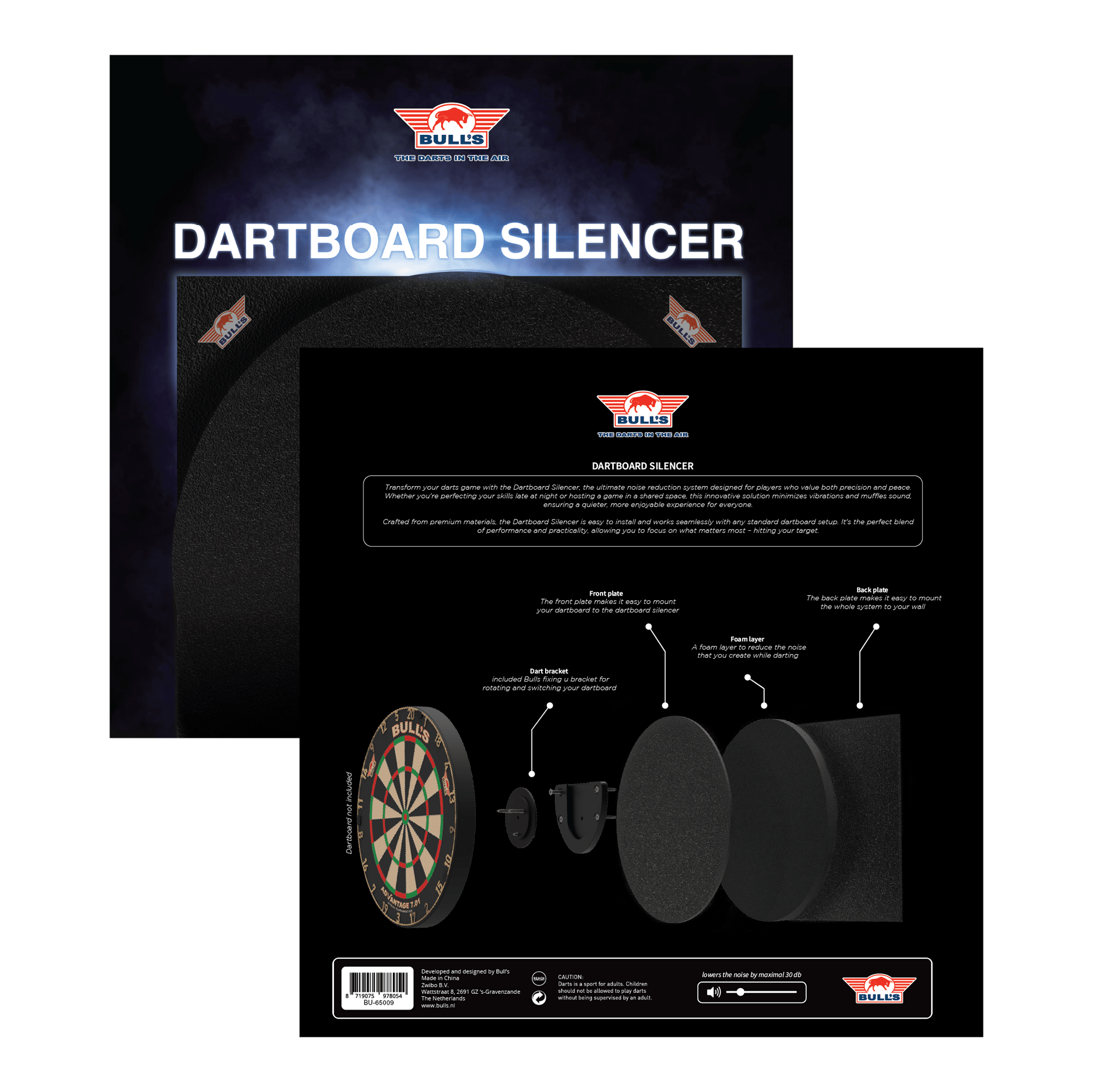 Das Bild zeigt das Produkt "Bulls NL Dartboard Silencer" in seiner Verpackung. Auf der Rückseite ist eine Grafik abgebildet, die die einzelnen Komponenten und deren Funktionen erklärt.