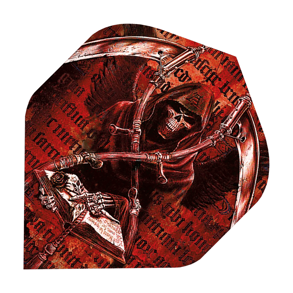 ALC3_Alchemy_Day_Of_Reckoning_Standard_Flights_1 Das Bild zeigt ein Dart-Flight mit einem düsteren Sensenmann-Design auf rotem Hintergrund. Der Sensenmann hält eine Sense und ein Buch in den Händen.