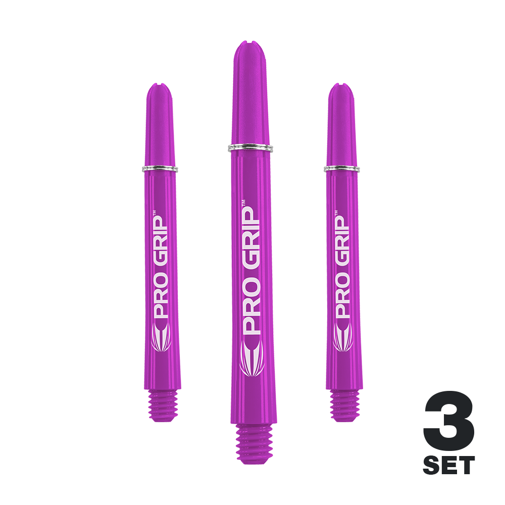Target Pro Grip Shafts - 3 Sets - Purple Das Bild zeigt drei lila Dartschäfte der Marke "Pro Grip". In der rechten unteren Ecke steht "3 Set".