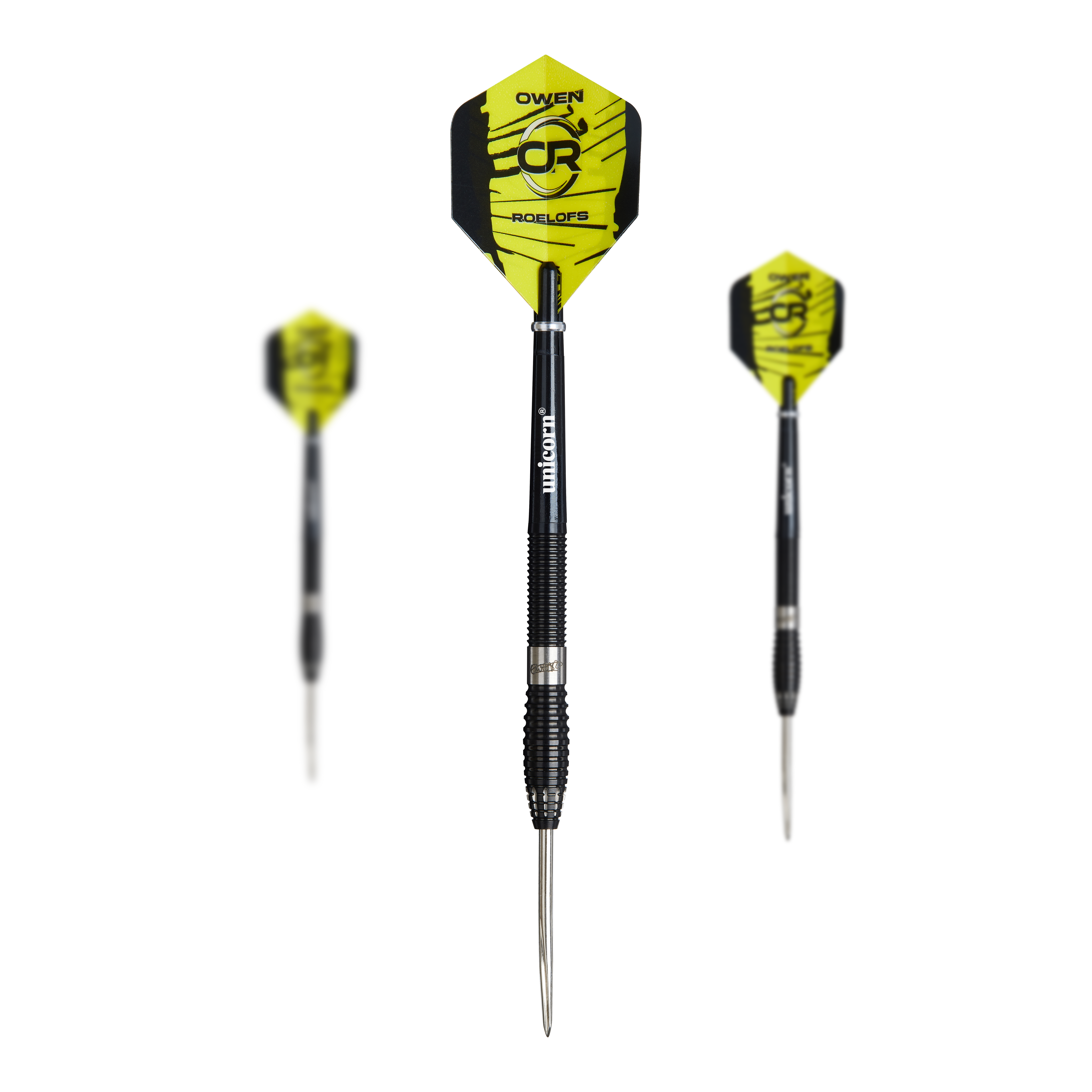 Unicorn Contender Owen Roelofs Steeldarts - 22g Das Bild zeigt drei Steeldarts aus der Serie "Unicorn Contender Owen Roelofs - 22g". Die Flights sind gelb-schwarz gestaltet und tragen den Namen und das Logo von Owen Roelofs.