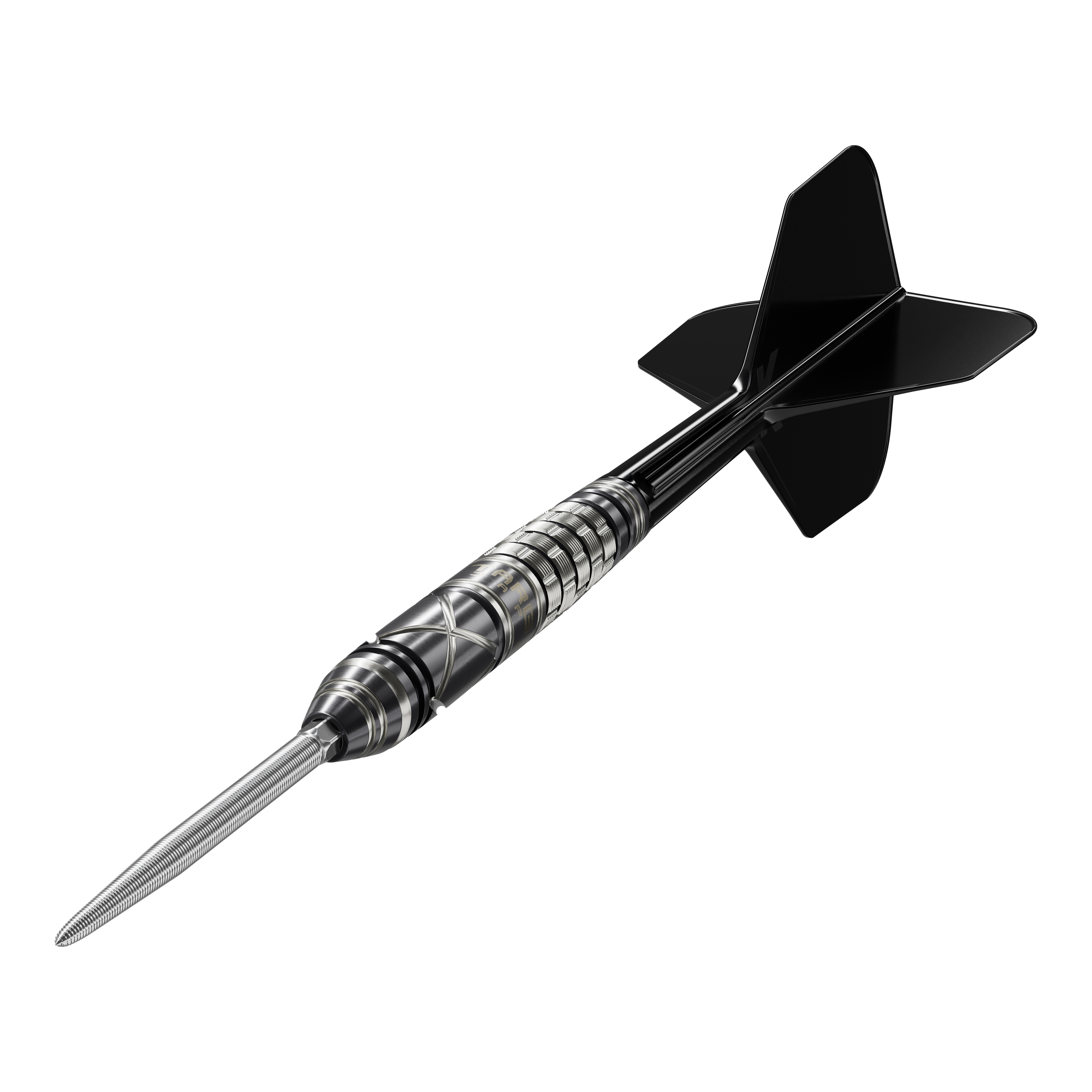 Das Bild zeigt einen Target Japan Black Marque Chaos 2 SP Steeldart. Der Dart hat ein elegantes, schwarzes Design mit präzisen Rillen am Griff.