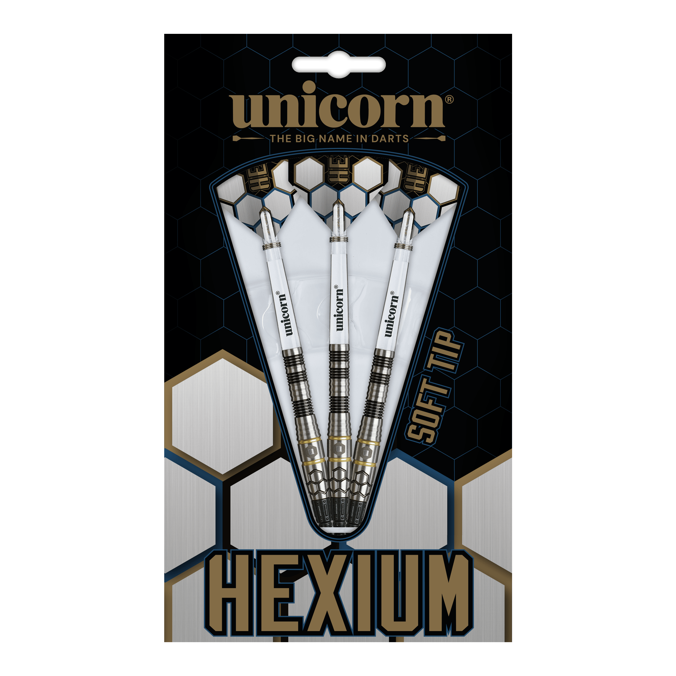 Unicorn Hexium Style 01 Black & Gold Soft Darts - 22g Abgebildet sind Unicorn Hexium Style 01 Black & Gold Softdarts mit 22 Gramm. Diese Softdarts haben ein auffälliges Schwarz-Gold-Design.