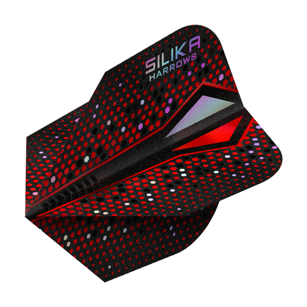 Das Bild zeigt das Produkt "Harrows Silika Colourshift Tough Crystalline Coating Red-X No6 Flights". Die Dart-Flights sind überwiegend schwarz mit roten und bunten Punkten und haben einen modernen, glänzenden Look.
