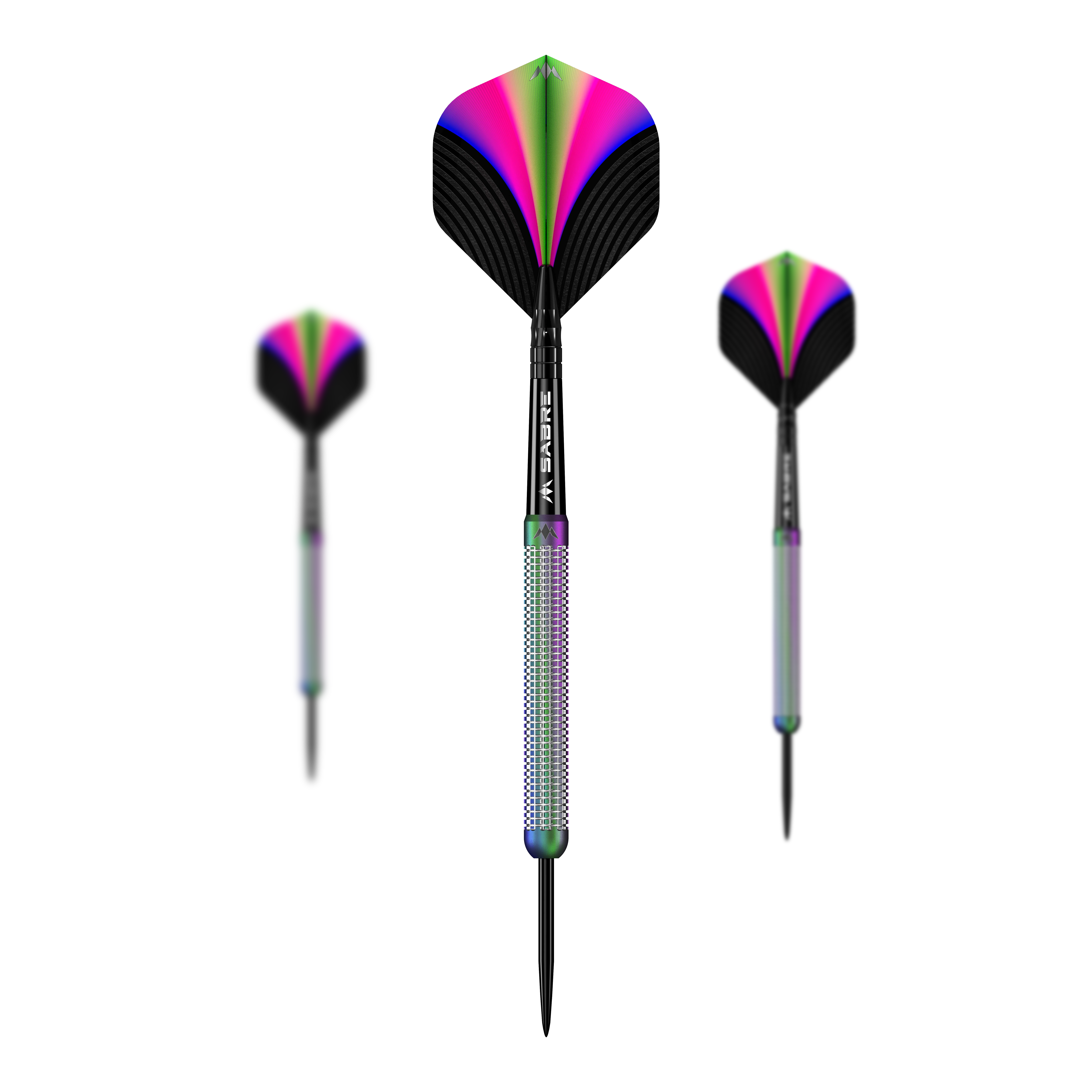 Die Abbildung zeigt die "Mission Aurora Coral PVD Steeldarts - 23g". Die Darts haben ein farbenfrohes Design in Pink, Grün und Schwarz mit einem glänzenden Griff.