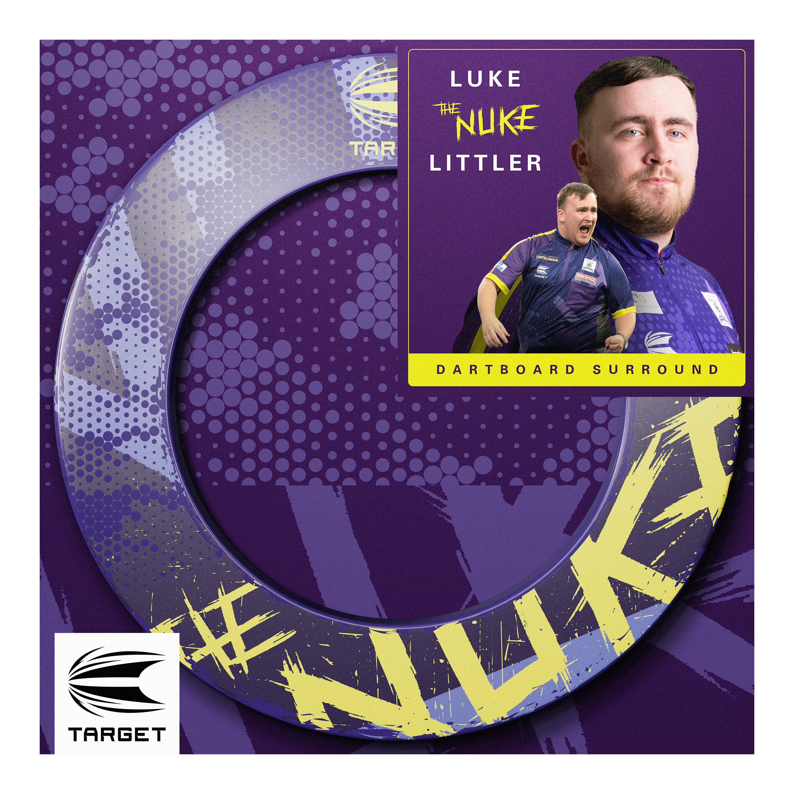 Target Luke Littler The Nuke Dartboard Surround Das Bild zeigt das Produkt "Target Luke Littler The Nuke Dartboard Surround" in lila und gelben Farben. Auf der Verpackung sind Fotos von Luke Littler sowie das Target-Logo abgebildet.