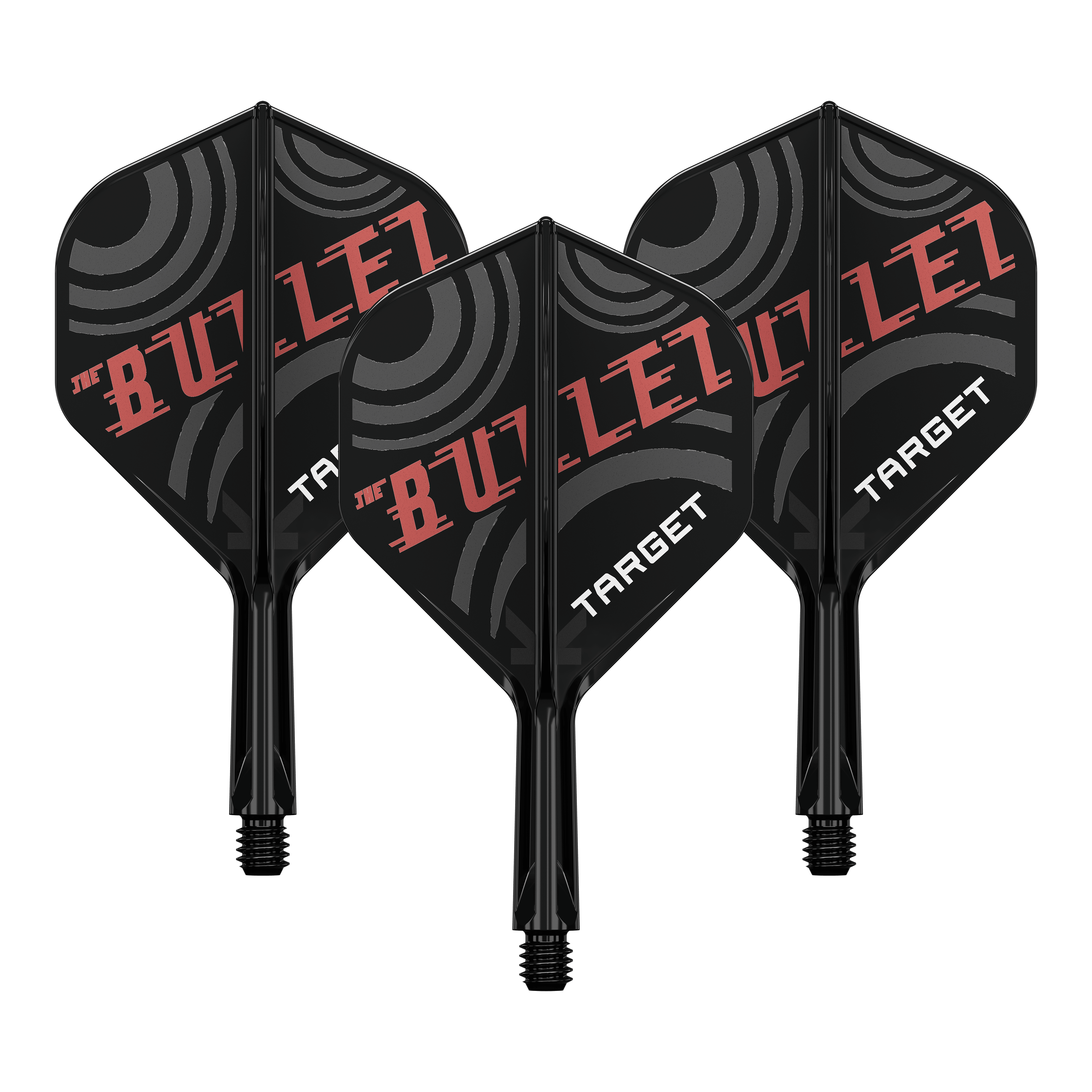 Target K-Flex Stephen Bunting No2 Standard Flight Shaft System Bild zeigt ein Dart-Flight Set mit der Bezeichnung 'Target K-Flex Stephen Bunting No2 Standard Flights 19mm 1Set'. Es ist ein Zubehör für Dartscheiben und Spieler.