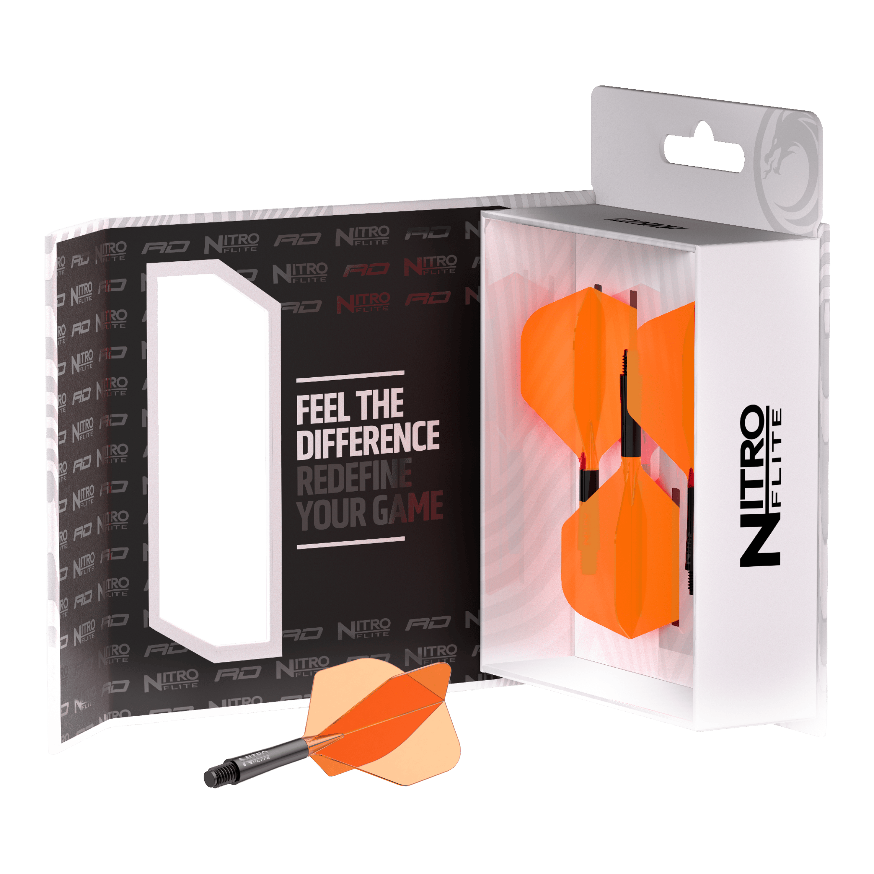 Dieses Bild zeigt den Red Dragon Nitroflite Black Shaft Orange Flights No2. Der Dart-Schaft hat schwarze und orange Details.