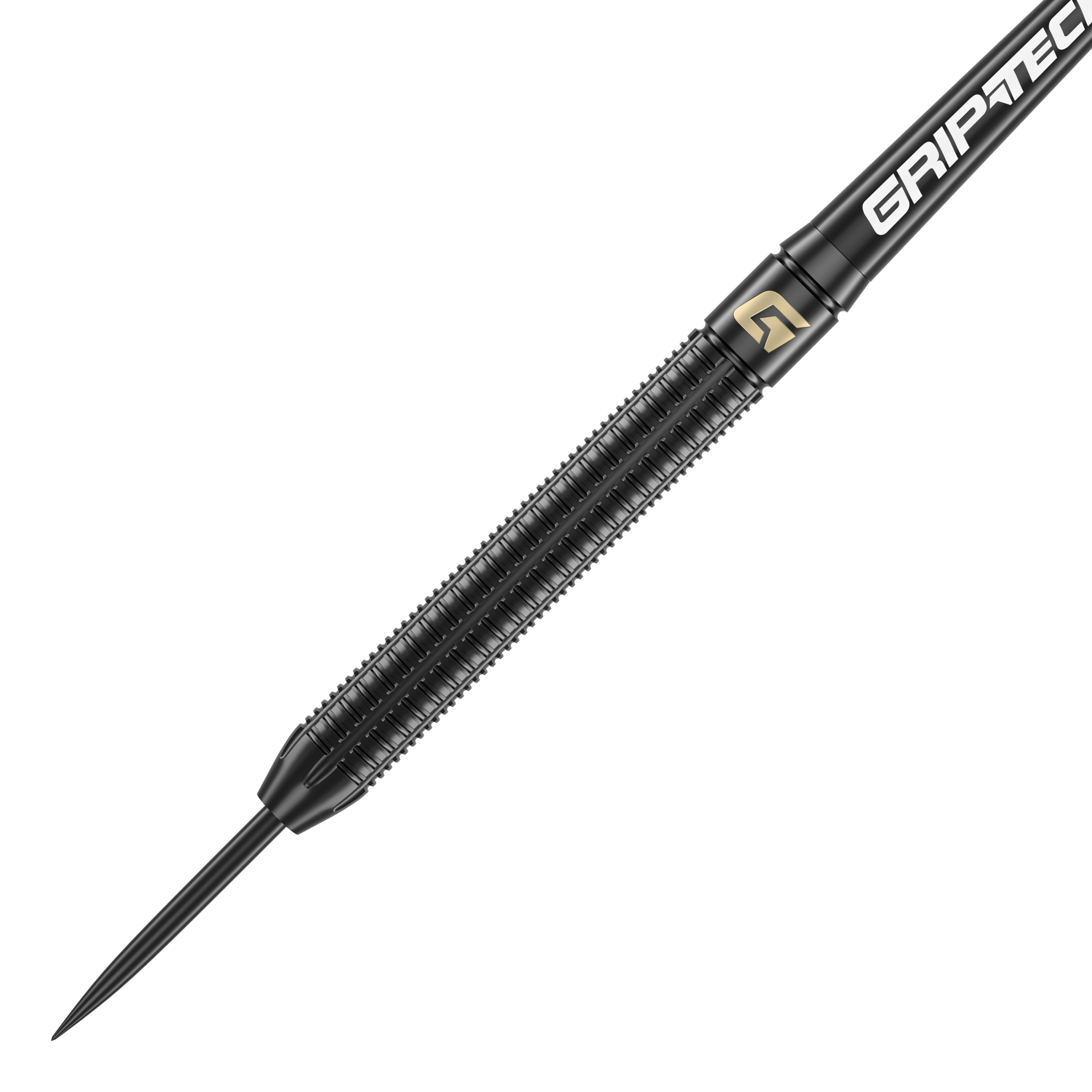 GOAT Athlete Black Brass Steeldarts - 13g Das Bild zeigt einen schwarzen Steeldart mit dem Namen "GOAT Athlete Black Brass Steeldarts - 13g". Der Dart hat eine geriffelte Oberfläche für besseren Halt und trägt den Schriftzug "GRIP-TEC".