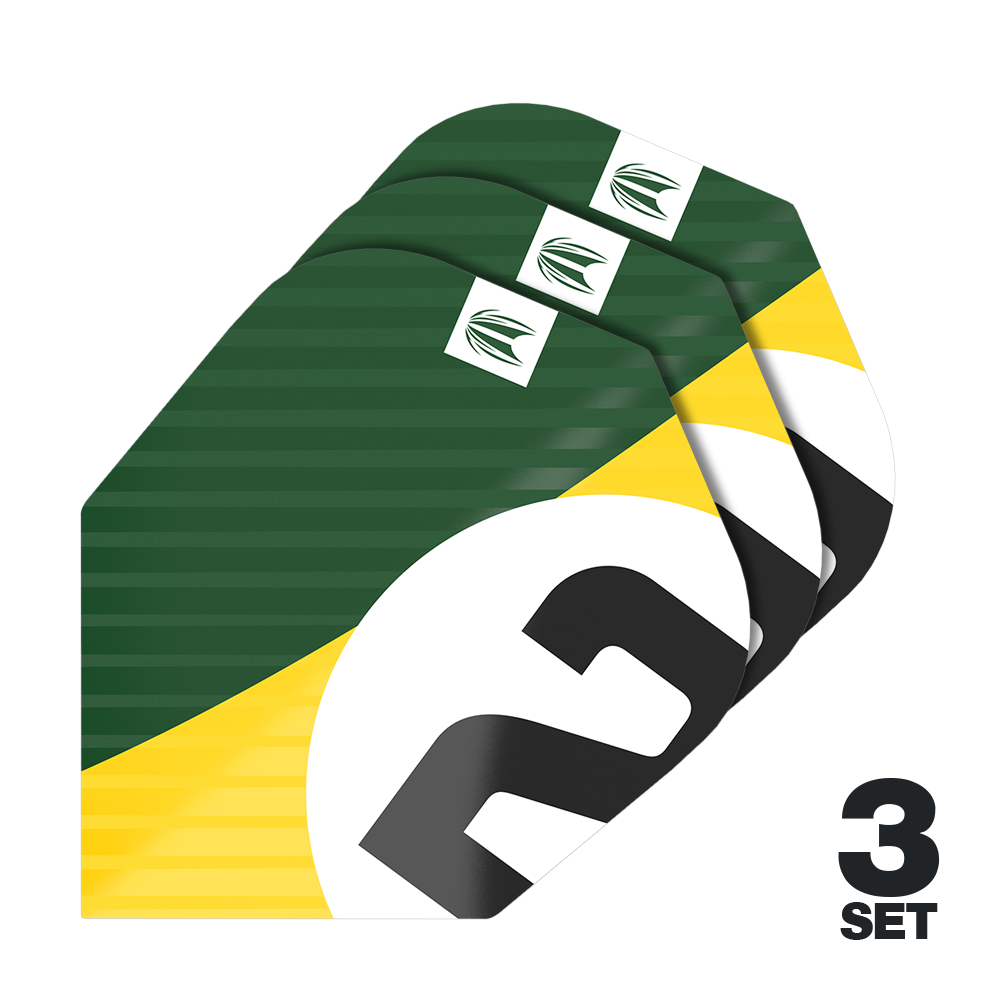 Target Pro Ultra Chicane Green No6 Flights - 3 Sets Das Bild zeigt drei Sätze der Target Pro Ultra Chicane Green No6 Flights. Die Flights sind in den Farben Grün, Gelb, Weiß und Schwarz gestaltet.