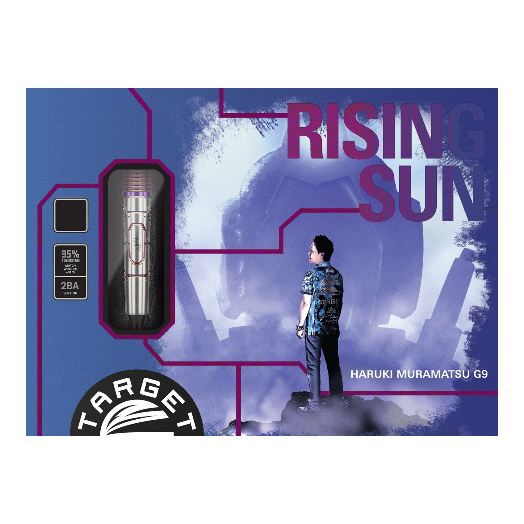 Auf dem Bild ist die Verpackung der "Target Japan Haruki Muramatsu Rising Sun GEN9 2BA Softdarts - 21,5g" zu sehen. Rechts steht eine Person und im Hintergrund ist ein großes, stilisiertes Design mit dem Text "Rising Sun".