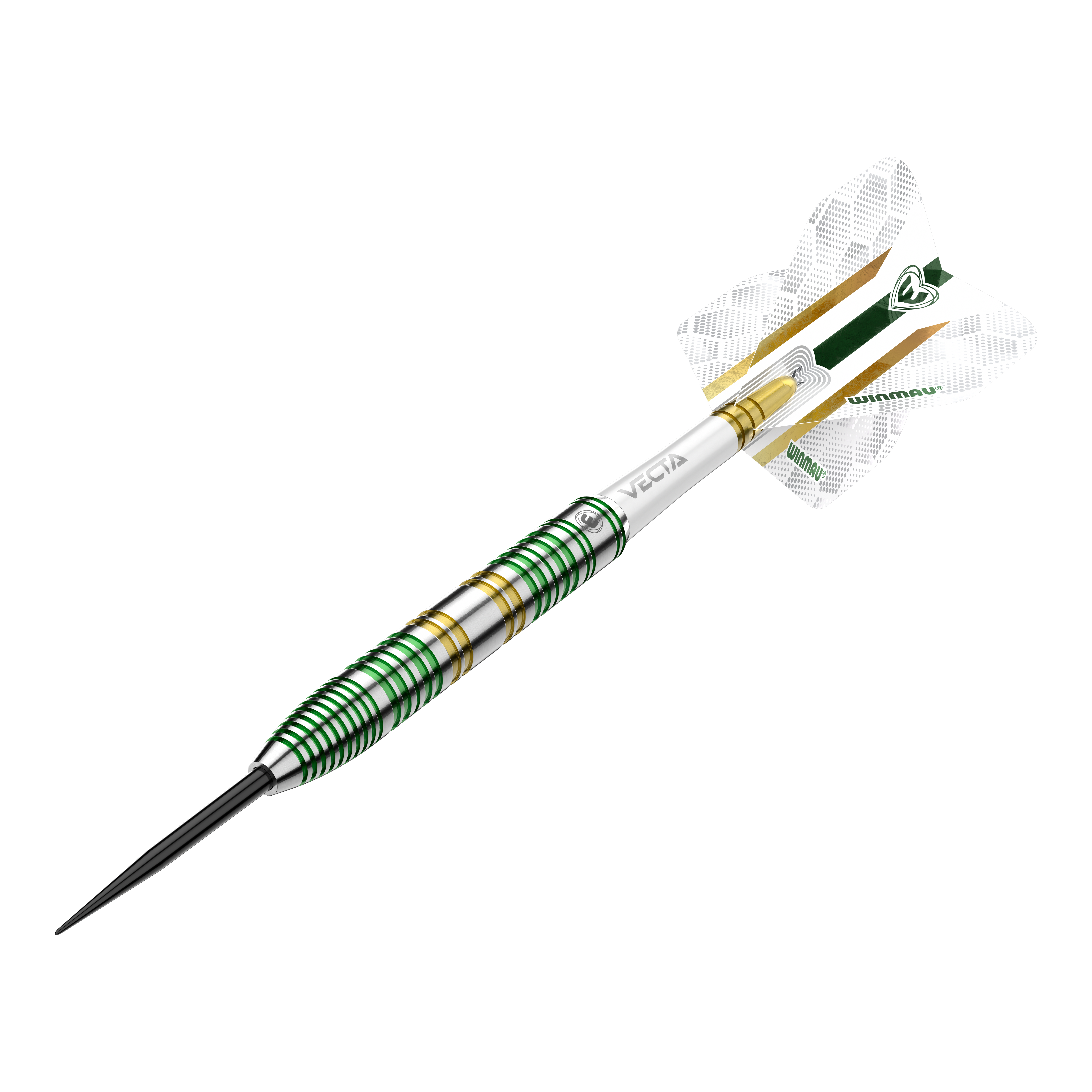 Winmau Xenon Steeldarts Das Bild zeigt einen Winmau Xenon Steeldart. Der Dartpfeil hat ein silbernes Design mit grünen und goldenen Ringen sowie weißen Flights.