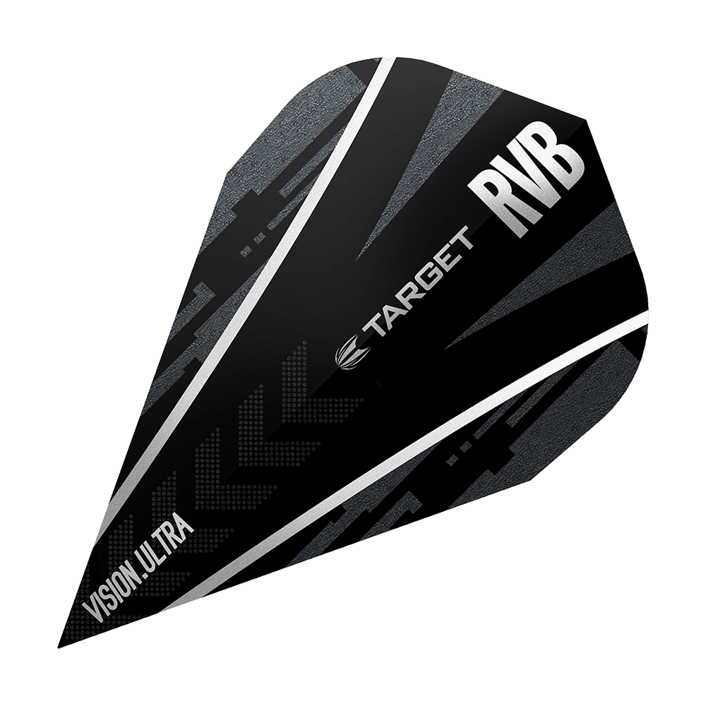 TG58_331780_Target_Ultra_Ghost_RvB_Vapor_Flights_1D8VmMg0ksKsg9 Das Bild zeigt das Produkt „Target Ultra Ghost RvB Vapor Flights“. Es handelt sich um ein schwarzes Dart-Flight mit silbernen und grauen Akzenten sowie der Aufschrift „TARGET RVB Vision Ultra“.