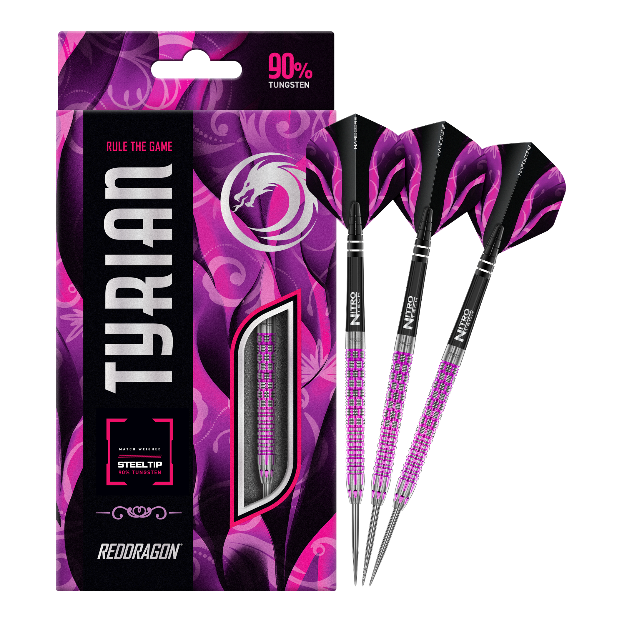 Red Dragon Tyrian Steeldarts Das Bild zeigt die Red Dragon Tyrian Steeldarts mit auffälligem lila und pinkem Design. Die Darts bestehen zu 90% aus Tungsten und sind in einer stilvollen Verpackung präsentiert.