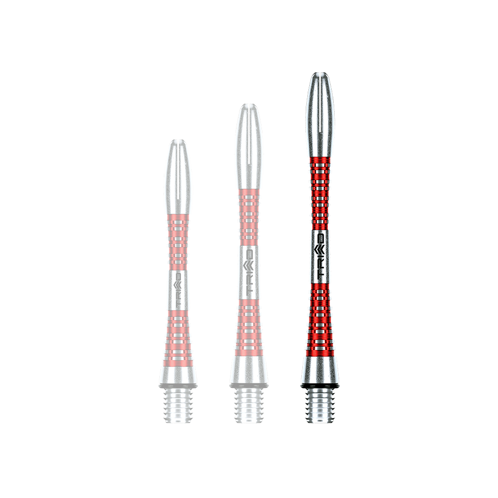 Das Bild zeigt drei unterschiedlich lange, rot-silberne Dartschäfte aus Aluminium. Sie stehen nebeneinander aufrecht auf einem grünen Hintergrund.