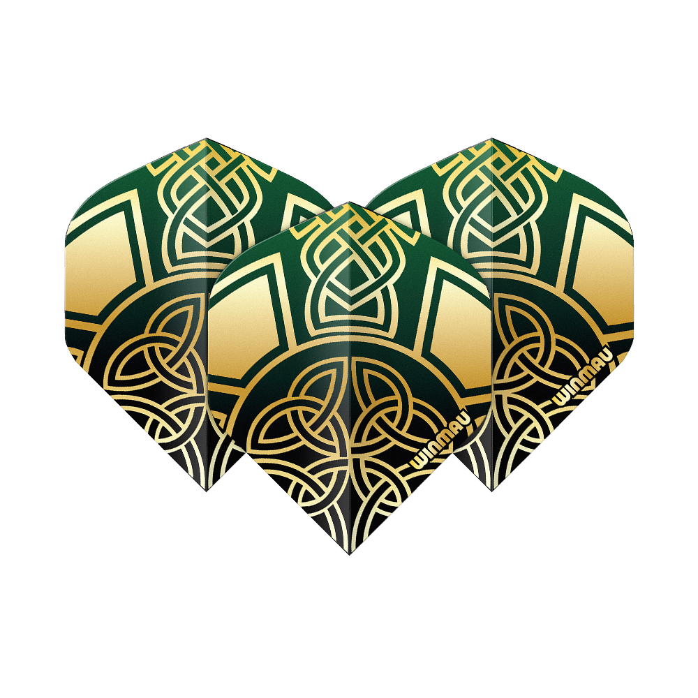 Zu sehen sind die Winmau Prism Delta Brendan Dolan Celtic Knot Black Gold No2 Standard Flights. Diese Darts-Flights haben ein schwarzes und goldenes keltisches Knoten-Design.