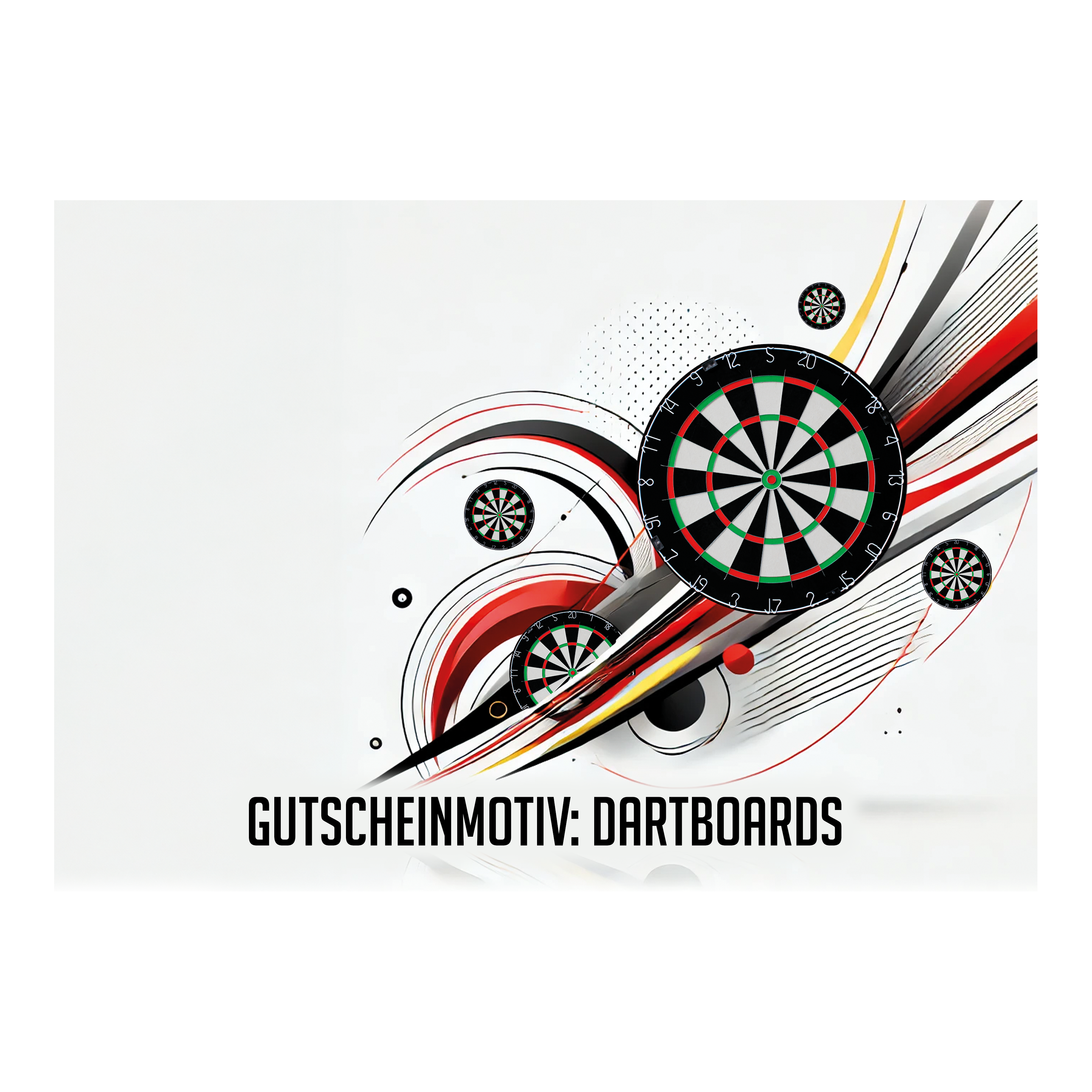 Voucher - Dartboards Das Bild zeigt mehrere stilisierte Dartboards mit dynamischen Linien und Kreisen im Hintergrund. Unten steht der Text "GUTSCHEINMOTIV: DARTBOARDS".