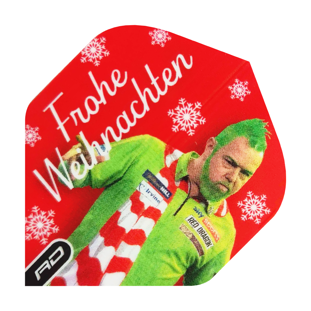 Gezeigt werden die Red Dragon Peter Wright Grinch Standard Weihnachtsflights. Diese Flights sind ein schönes Zubehör für Dartspieler in der Weihnachtszeit.