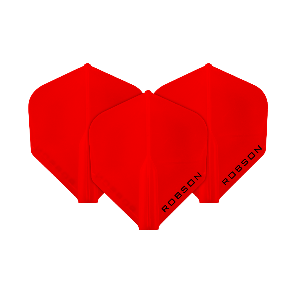 Das Bild zeigt drei rote Dart-Flights in Standardform. Auf jedem Flight steht das Wort "ROBSON" in schwarzer Schrift.